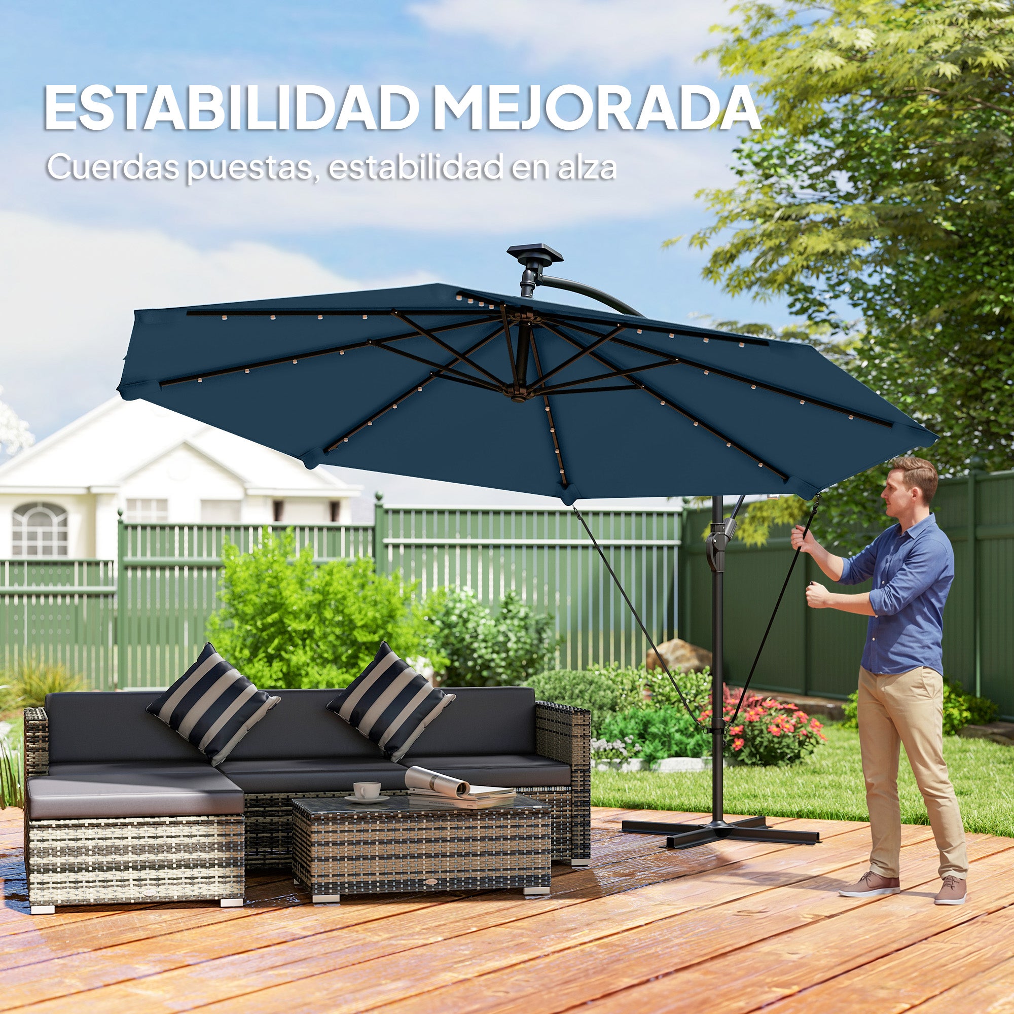 Outsunny Parasol Excéntrico con Luces LED Solares, Ø345 cm, Sombrilla de Jardín de Aluminio con Base Cruzada, Manivela, Funda Protectora, Cuerdas de Viento, UPF50+, para Terraza, Patio, Azul Marino