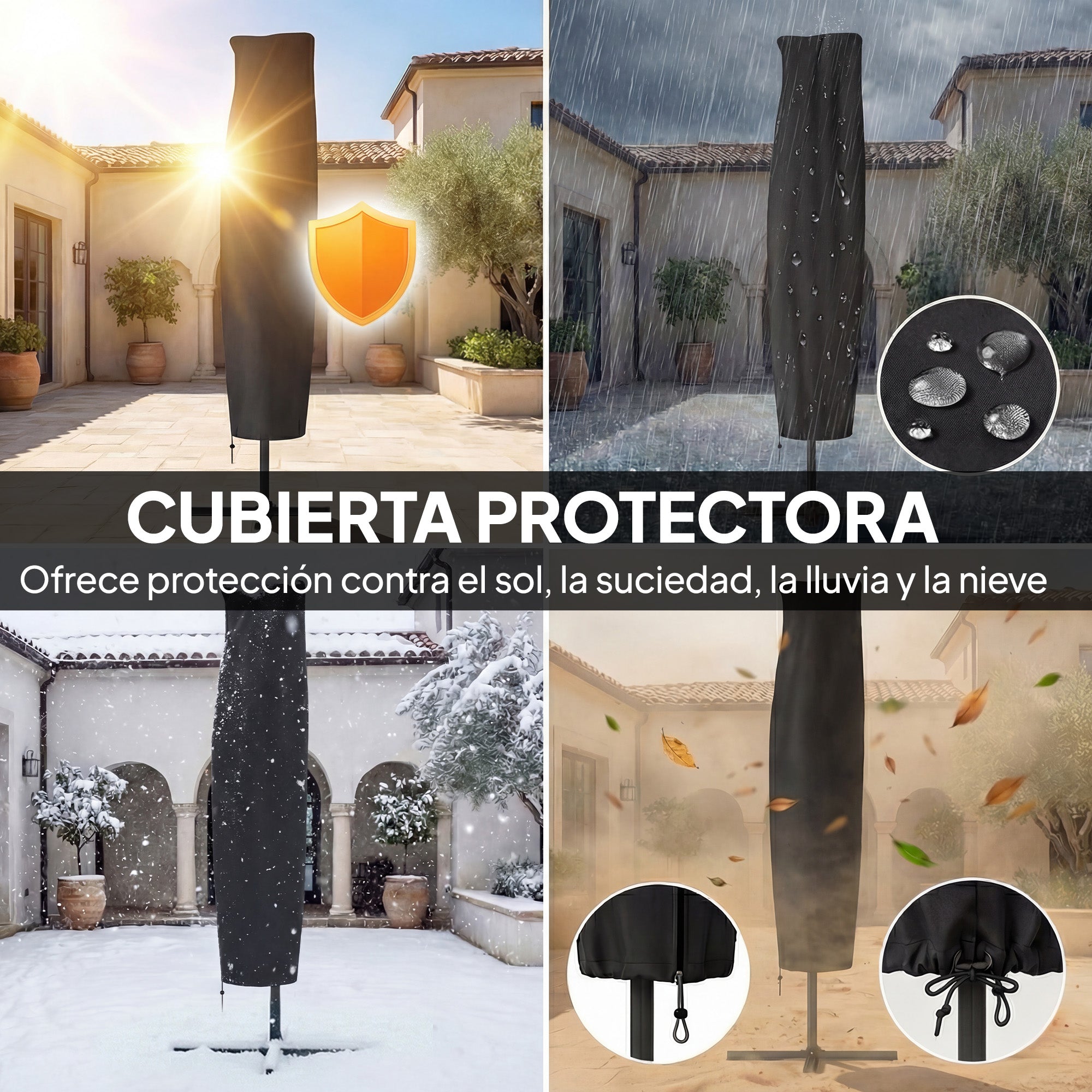 Outsunny Parasol Excéntrico con Luces LED Solares, Ø345 cm, Sombrilla de Jardín de Aluminio con Base Cruzada, Manivela, Funda Protectora, Cuerdas de Viento, UPF50+, para Terraza, Patio, Azul Marino