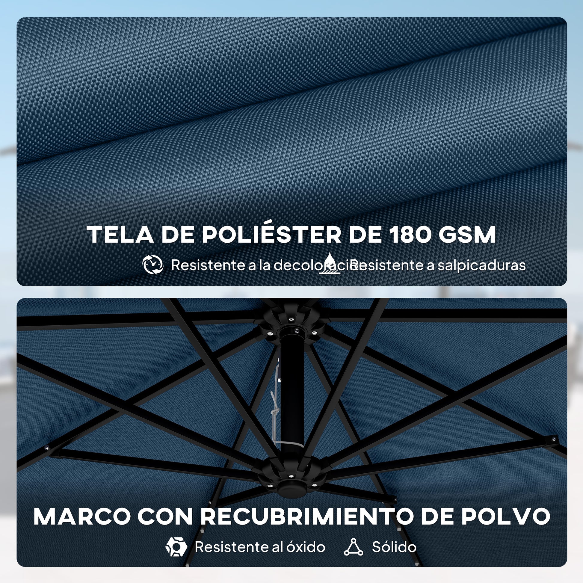 Outsunny Parasol Excéntrico con Luces LED Solares, Ø345 cm, Sombrilla de Jardín de Aluminio con Base Cruzada, Manivela, Funda Protectora, Cuerdas de Viento, UPF50+, para Terraza, Patio, Azul Marino
