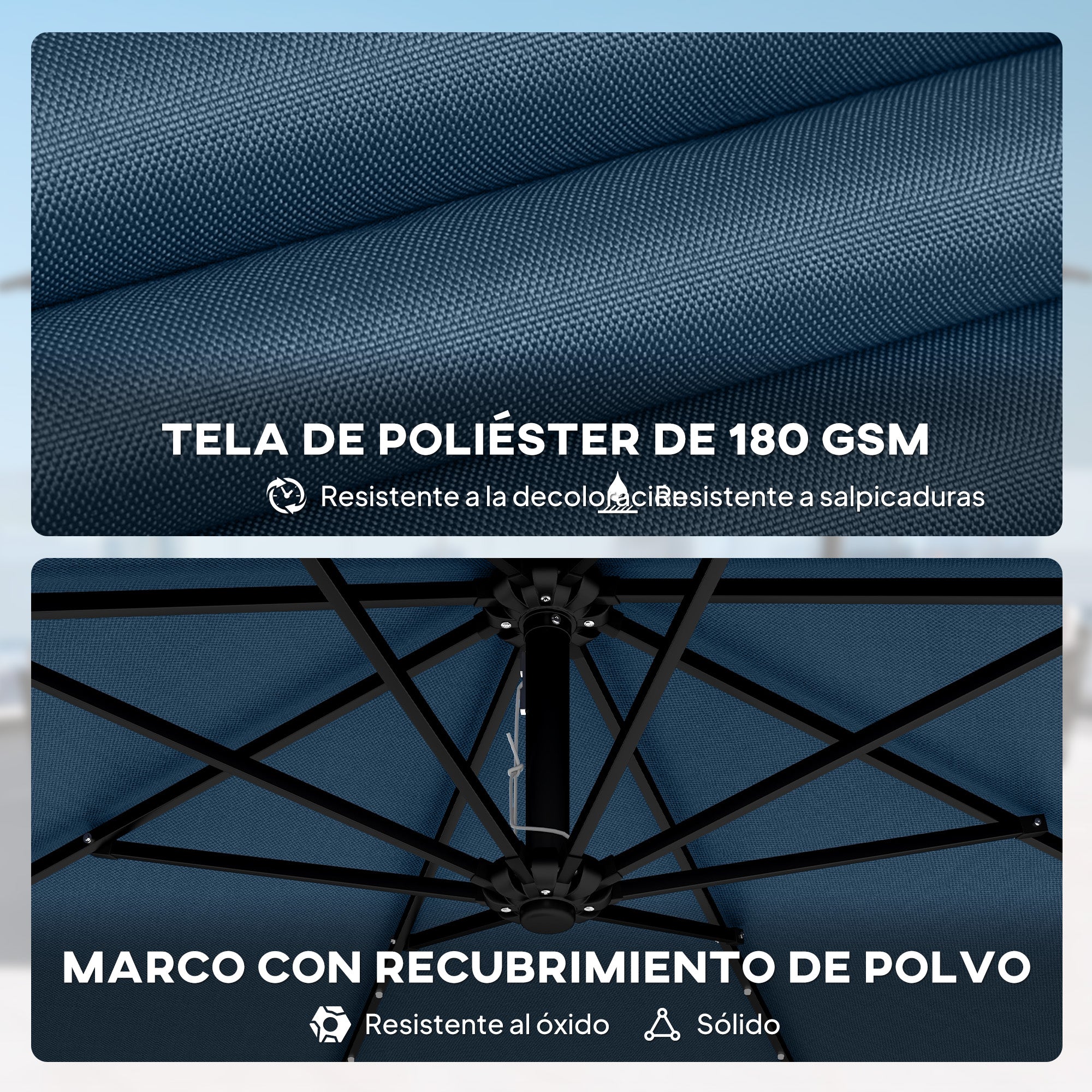 Outsunny Parasol Excéntrico con Luces LED Solares, Ø345 cm, Sombrilla de Jardín de Aluminio con Base Cruzada, Manivela, Funda Protectora, Cuerdas de Viento, UPF50+, para Terraza, Patio, Azul Marino