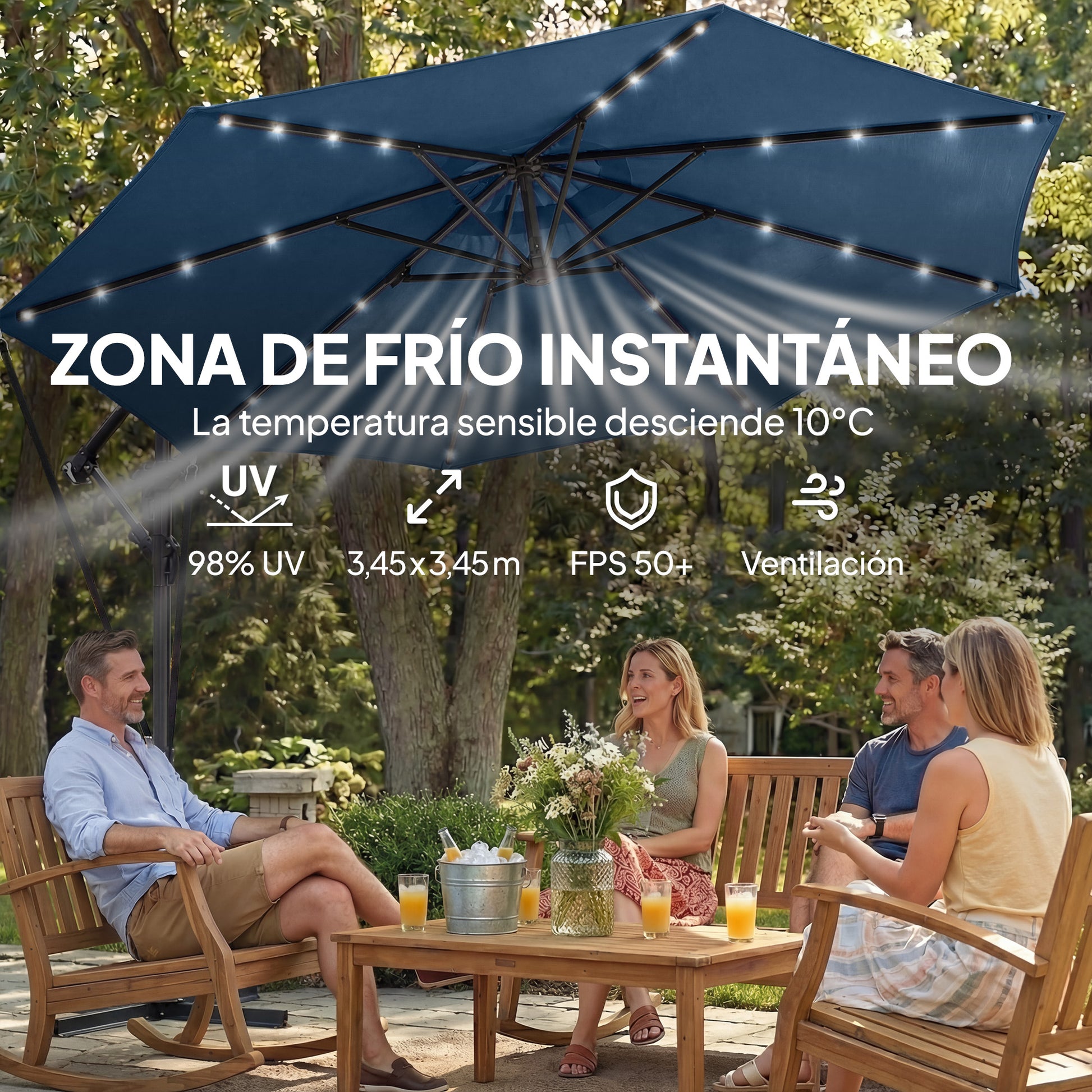 Outsunny Parasol Excéntrico con Luces LED Solares, Ø345 cm, Sombrilla de Jardín de Aluminio con Base Cruzada, Manivela, Funda Protectora, Cuerdas de Viento, UPF50+, para Terraza, Patio, Azul Marino