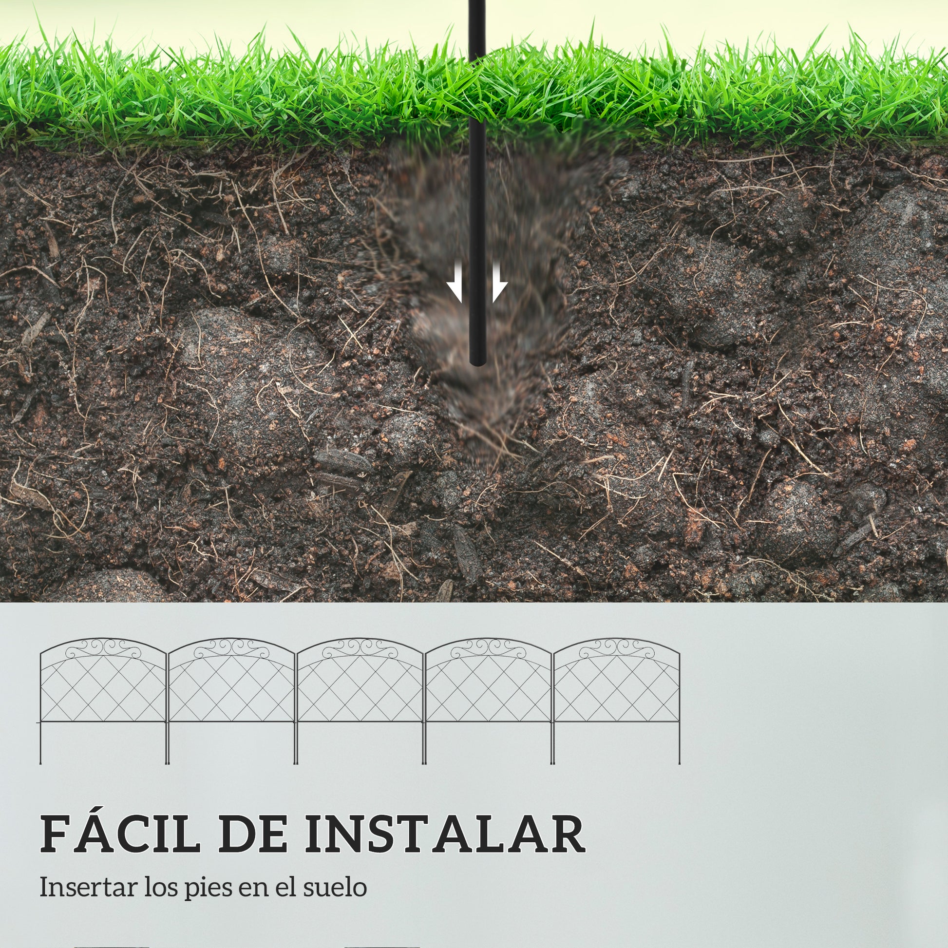 Outsunny Vallas de Jardín 305x61 cm Juego de 5 Vallas Decorativas para Jardín de Metal Combinación Libre en Forma de Arco Barrera para Animales para Terraza Patio Césped Negro