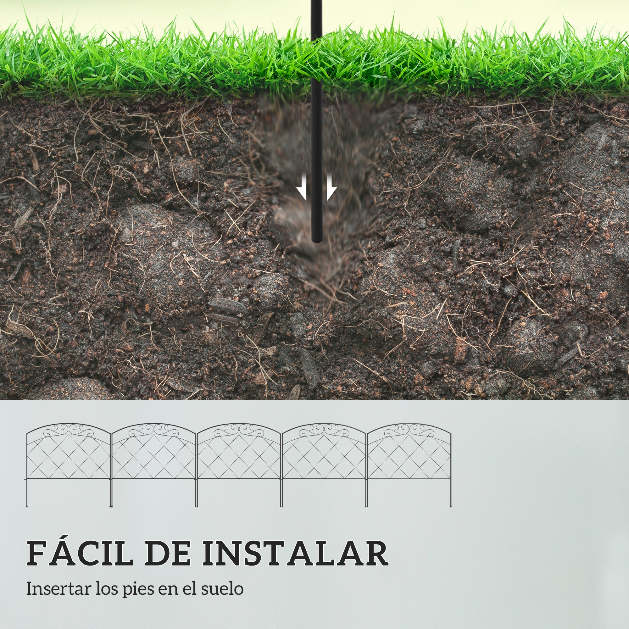 Outsunny Vallas de Jardín 305x61 cm Juego de 5 Vallas Decorativas para Jardín de Metal Combinación Libre en Forma de Arco Barrera para Animales para Terraza Patio Césped Negro