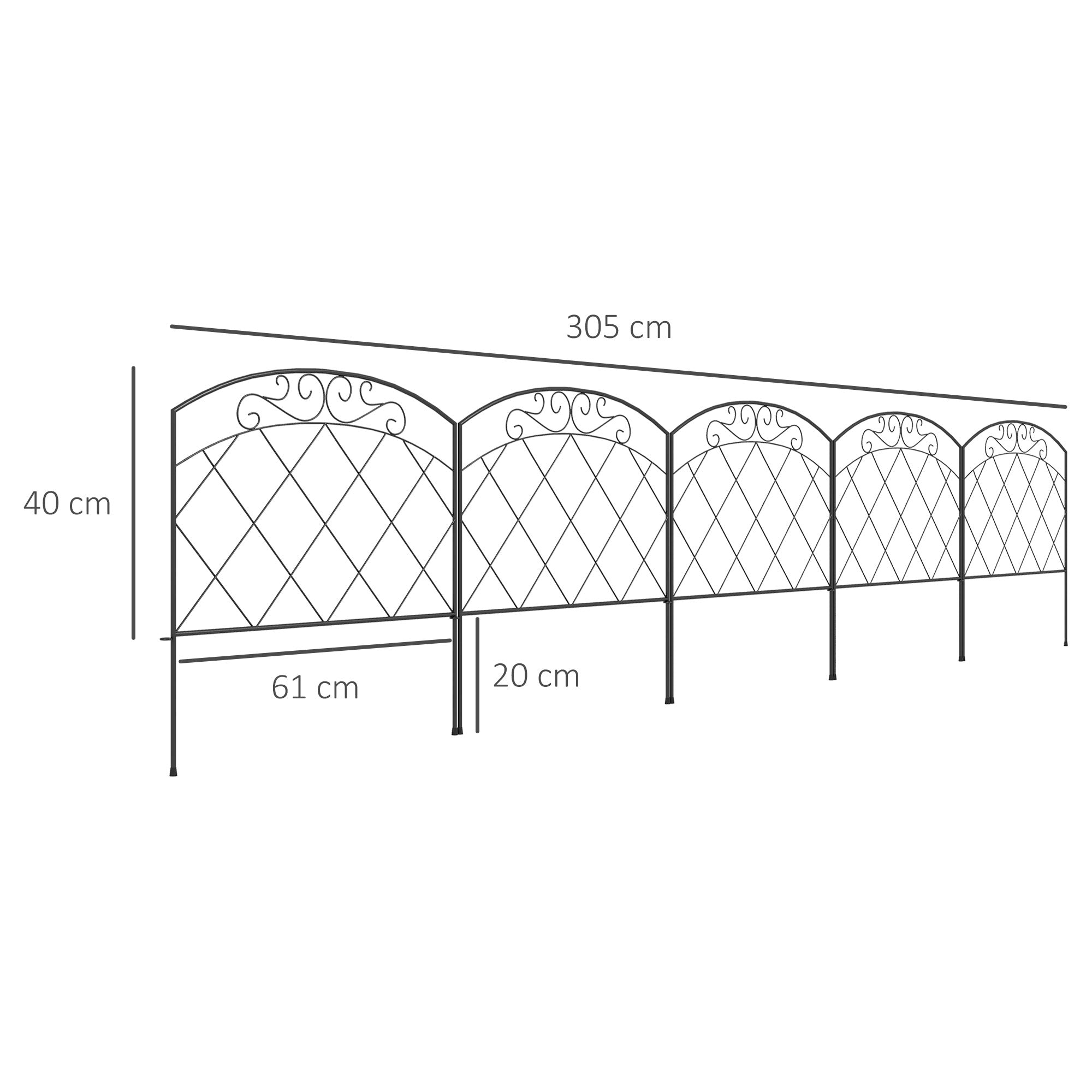 Outsunny Vallas de Jardín 305x61 cm Juego de 5 Vallas Decorativas para Jardín de Metal Combinación Libre en Forma de Arco Barrera para Animales para Terraza Patio Césped Negro