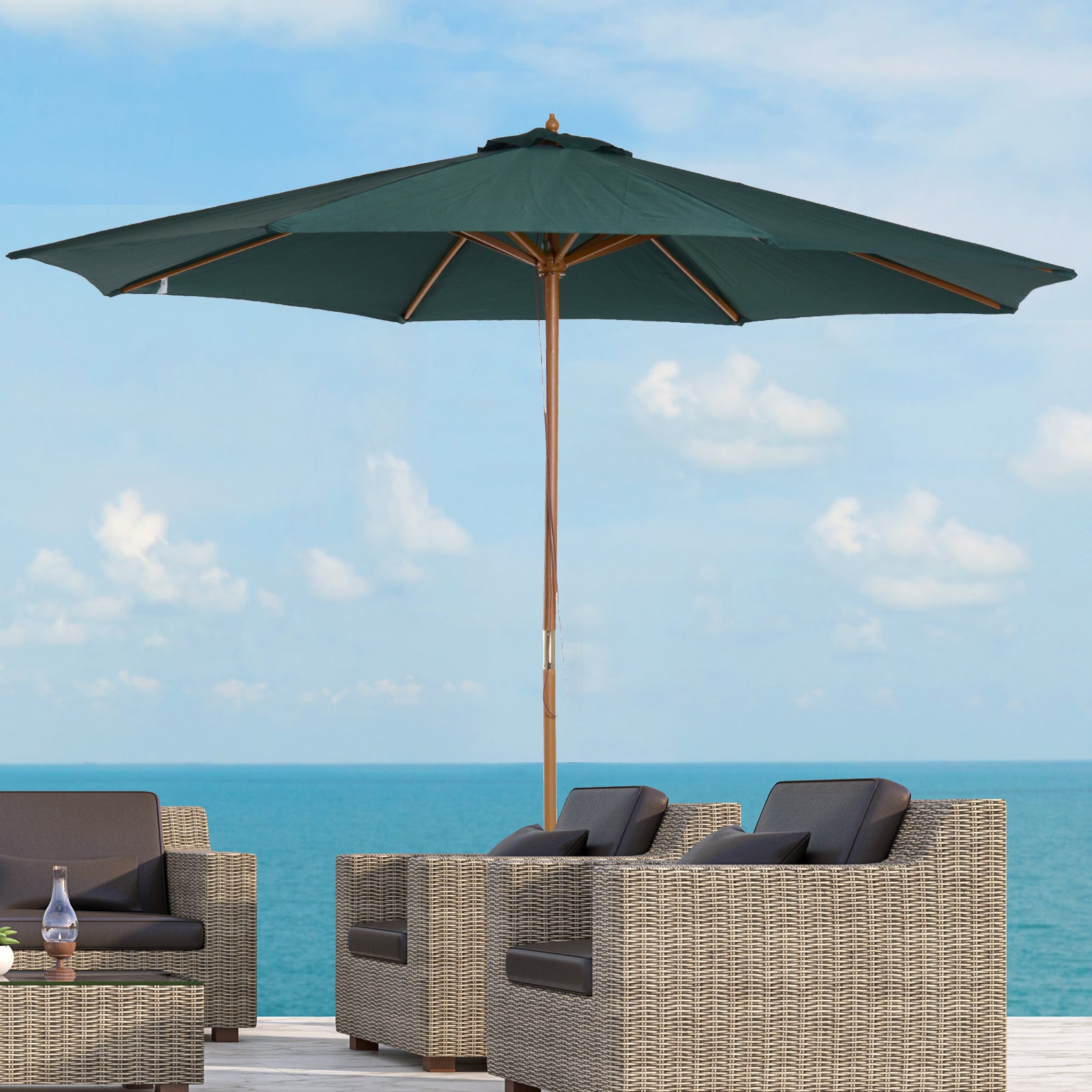 Outsunny Sombrilla Ø300x250 cm Parasol con Poste de Madera con Sistema de Poleas de 8 Varillas con Fijación para Jardín Patio Terraza Verde