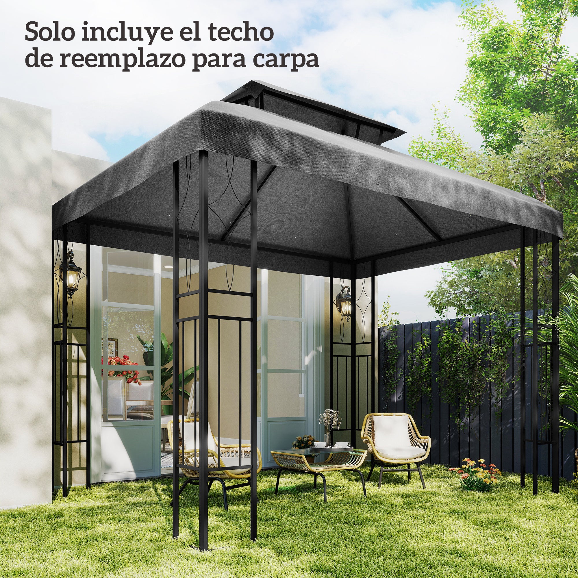 Outsunny Techo de Repuesto para Cenador, 4x3 m, Cubierta de Repuesto con Techo Doble, 10 Orificios de Drenaje y Protección UV, SOLO Toldo de Recambio para Pabellón Gazebo, Gris
