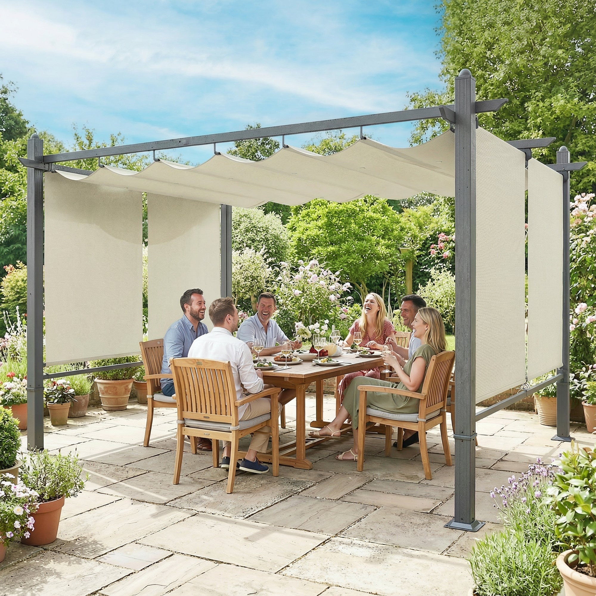 Outsunny Pérgola de Jardín 4x3 m con Techo Retráctil y 4 Cortinas Enrollables Automáticas, Cenador de Jardín con Protección UV50+, Estructura de Aluminio, Drenaje, Pabellón para Exterior, Crema