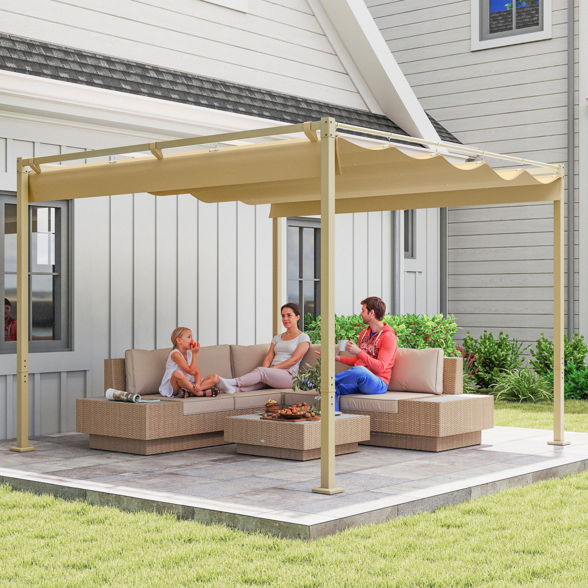 Outsunny Pérgola con Techo Retráctil Pérgola de 3x3 m Cenador de Pared o Independiente con Cierre Magnético Protección UV30+ Pabellón para Jardín Patio Terraza Exterior Caqui
