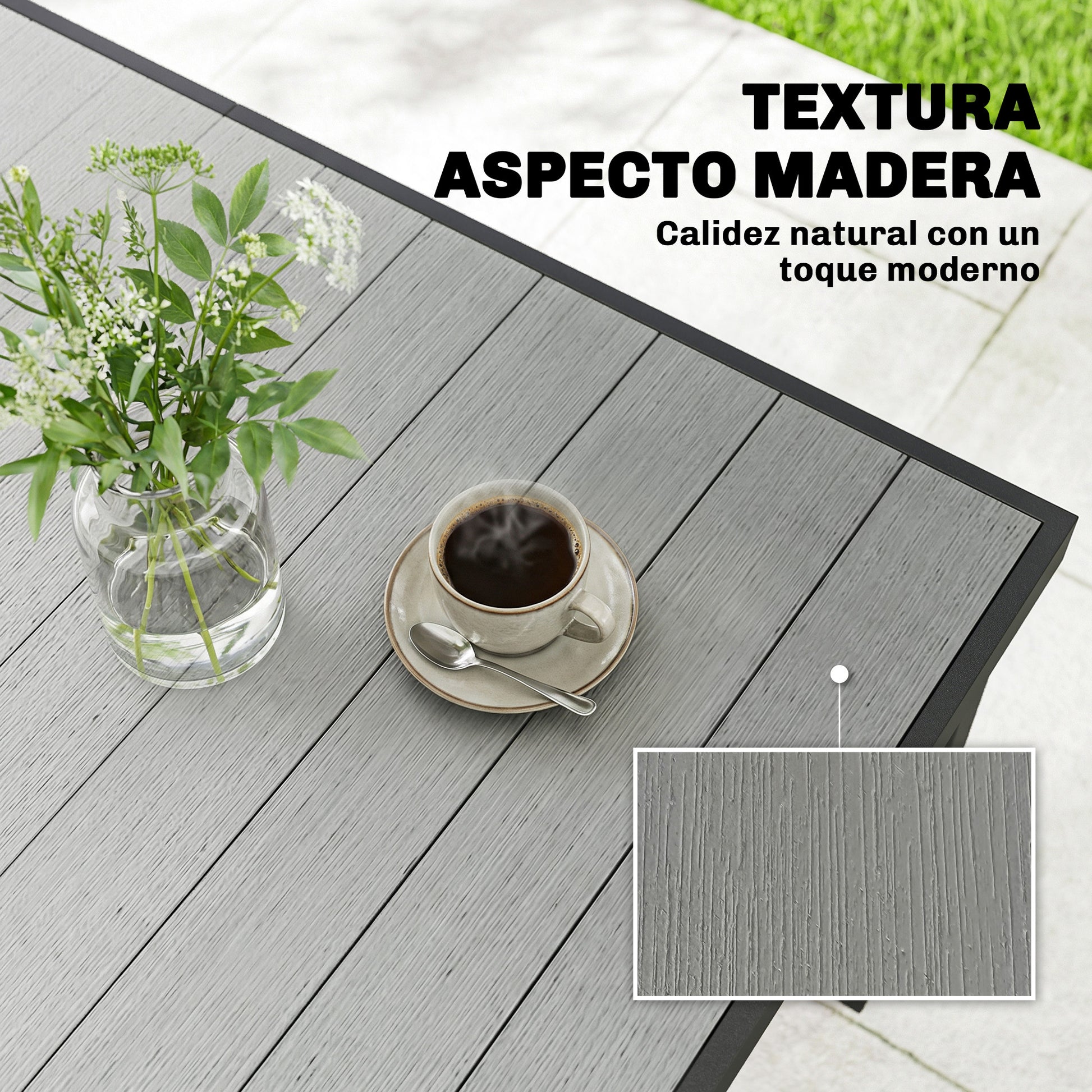Outsunny Mesa de Comedor de Jardín Rectangular, Mesa de Terraza Exterior 140x90x74 cm, con Estructura de Acero y Encimera Desmontable de WPC de Listones, Carga 50 kg, para Patio, Balcón, Gris