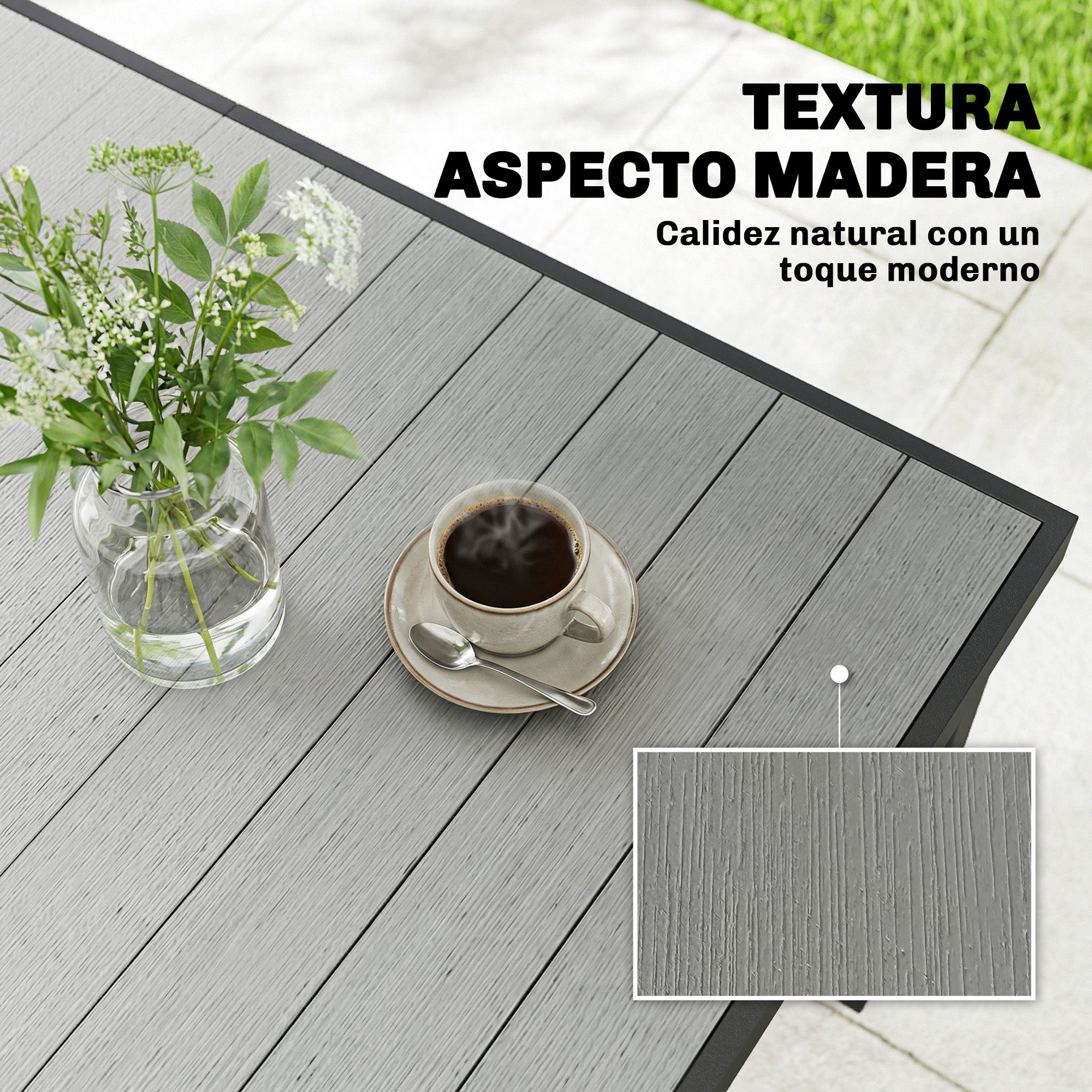 Outsunny Mesa de Comedor de Jardín Rectangular, Mesa de Terraza Exterior 140x90x74 cm, con Estructura de Acero y Encimera Desmontable de WPC de Listones, Carga 50 kg, para Patio, Balcón, Gris