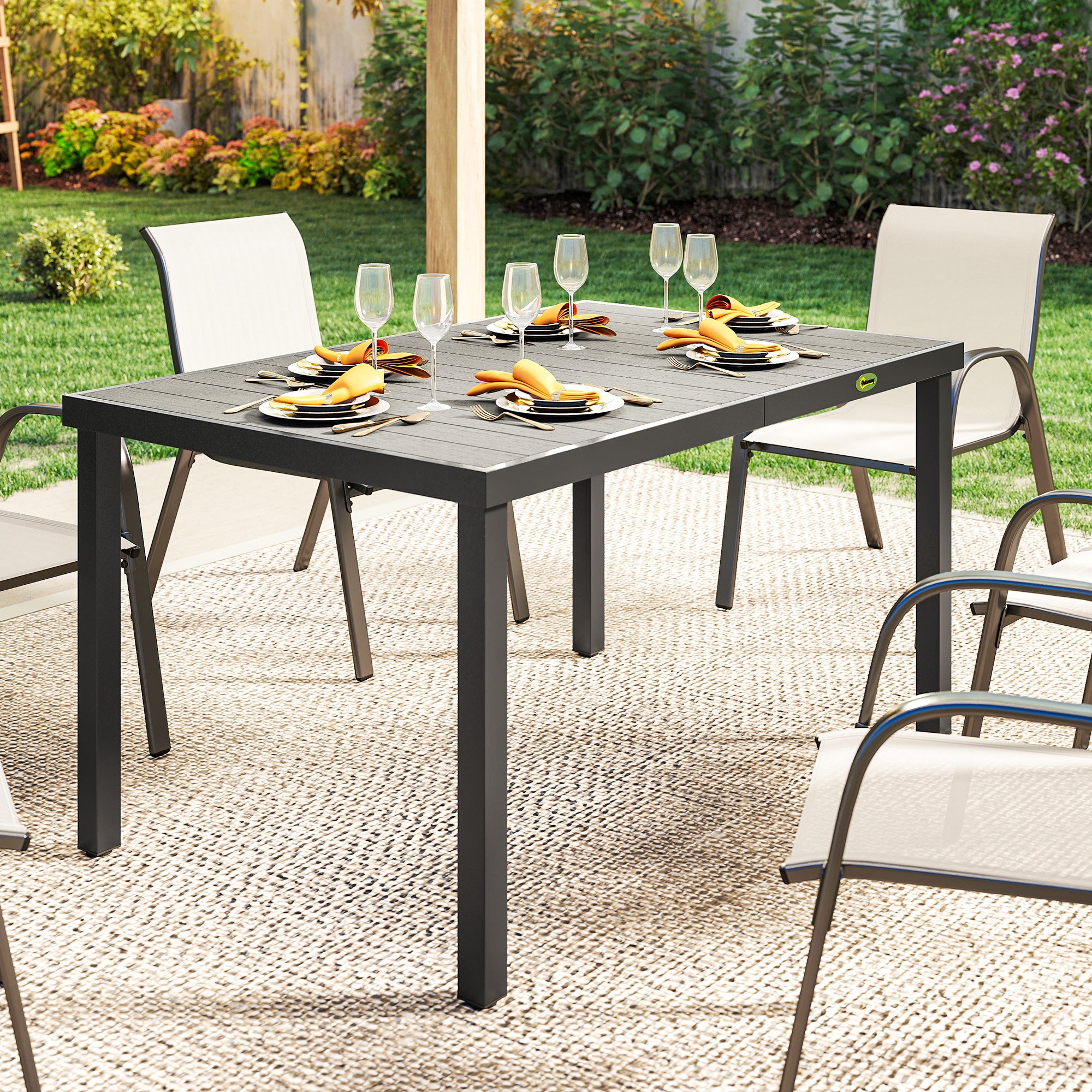 Outsunny Mesa de Comedor de Jardín Rectangular, Mesa de Terraza Exterior 140x90x74 cm, con Estructura de Acero y Encimera Desmontable de WPC de Listones, Carga 50 kg, para Patio, Balcón, Gris