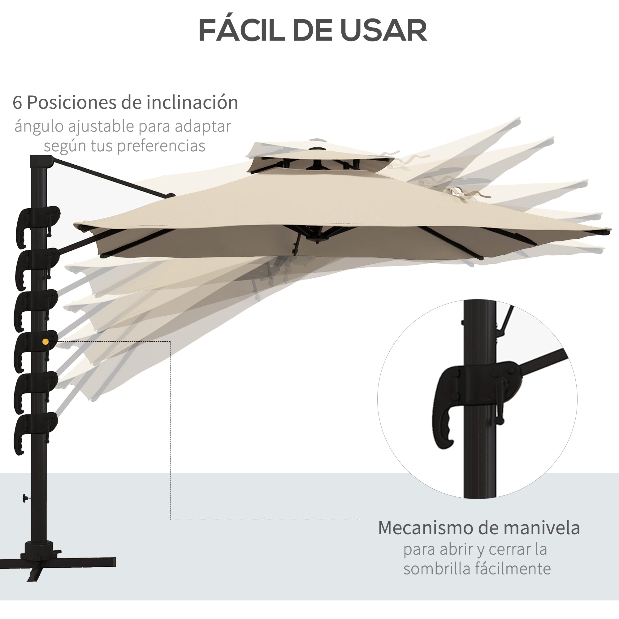 Outsunny Sombrilla de Jardín 300x300 cm Parasol de Aluminio con Manivela Poste Giratorio 360° Doble Techo Inclinable en 6 Posiciones y Base Cruzada Incluida Caqui