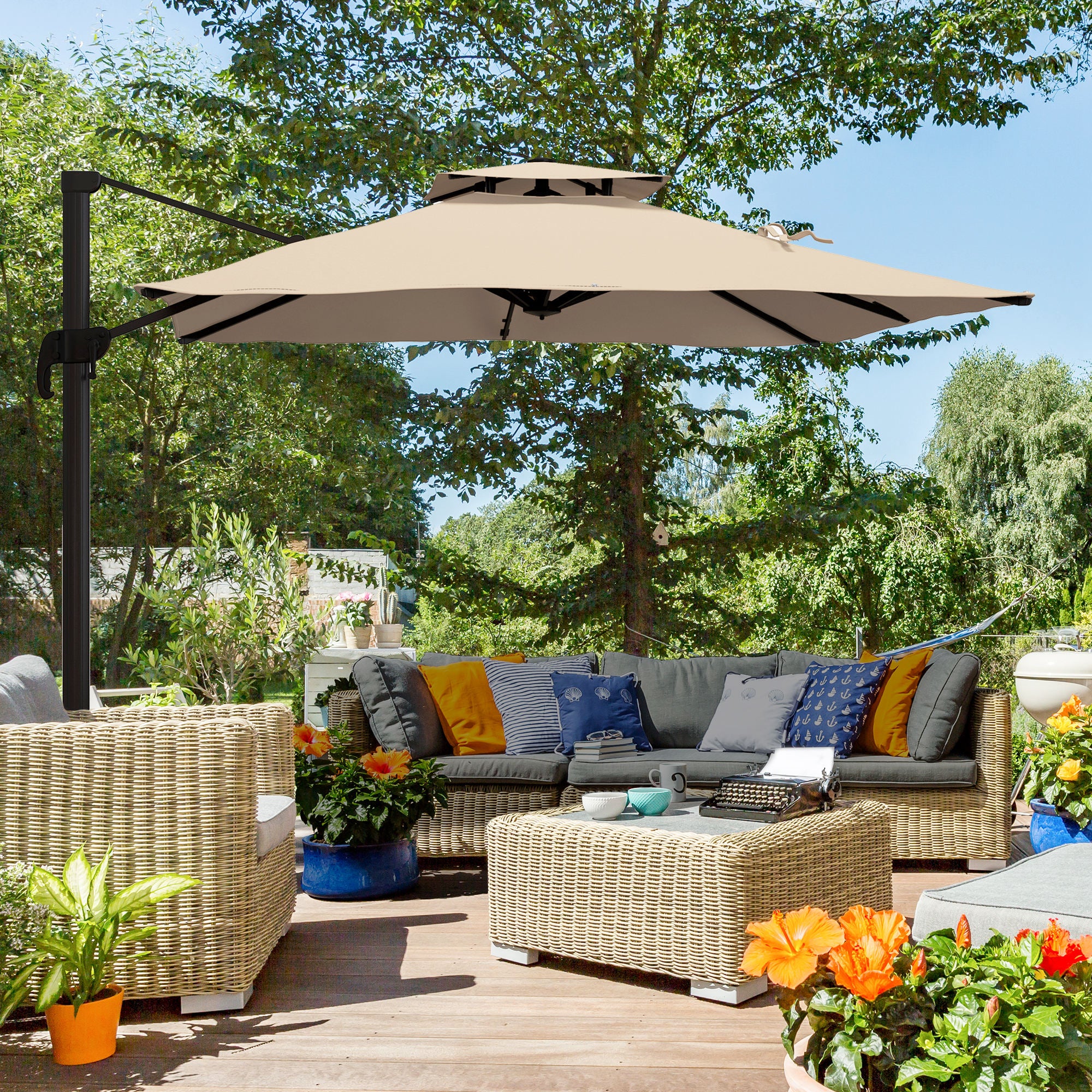 Outsunny Sombrilla de Jardín 300x300 cm Parasol de Aluminio con Manivela Poste Giratorio 360° Doble Techo Inclinable en 6 Posiciones y Base Cruzada Incluida Caqui