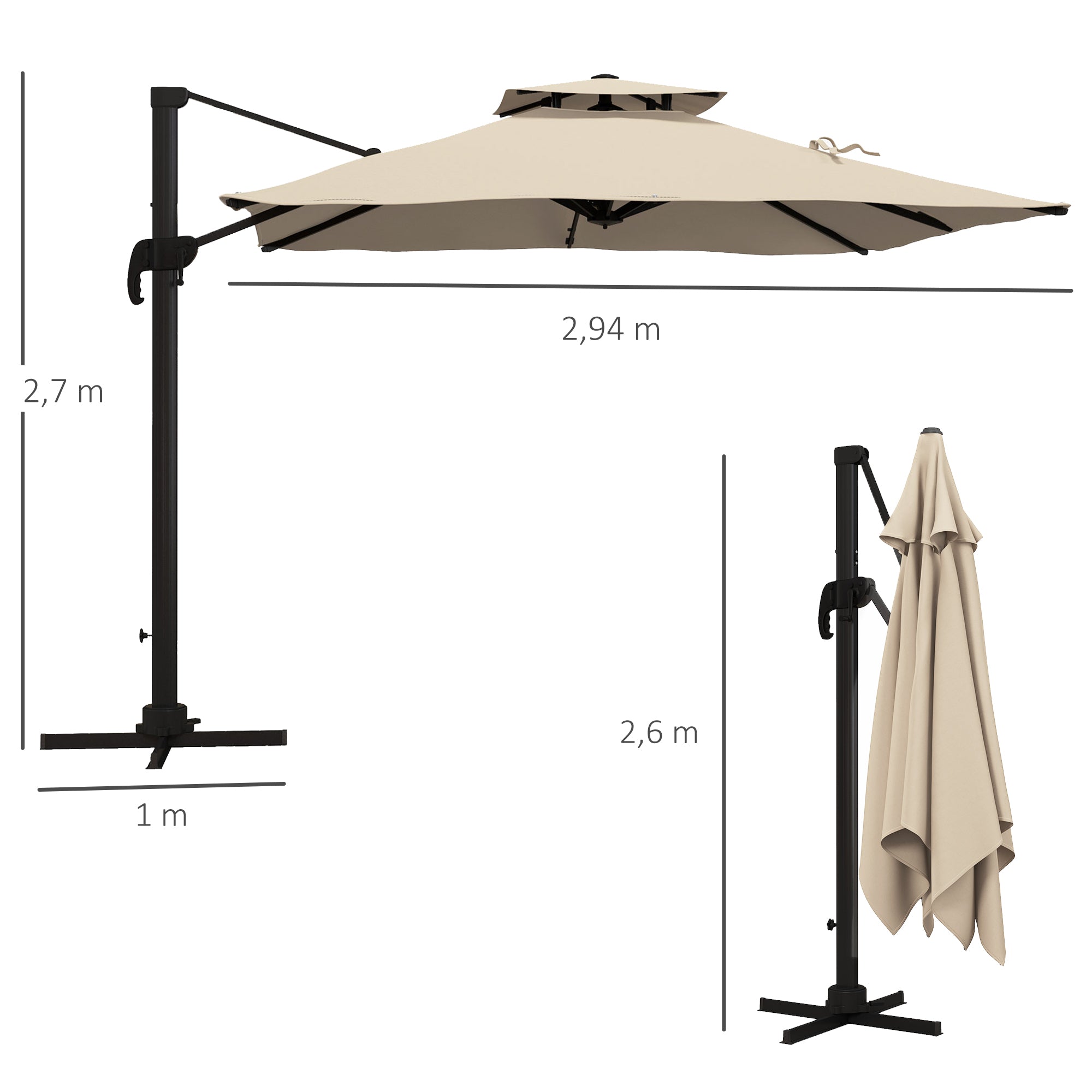 Outsunny Sombrilla de Jardín 300x300 cm Parasol de Aluminio con Manivela Poste Giratorio 360° Doble Techo Inclinable en 6 Posiciones y Base Cruzada Incluida Caqui