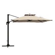 Outsunny Sombrilla de Jardín 300x300 cm Parasol de Aluminio con Manivela Poste Giratorio 360° Doble Techo Inclinable en 6 Posiciones y Base Cruzada Incluida Caqui