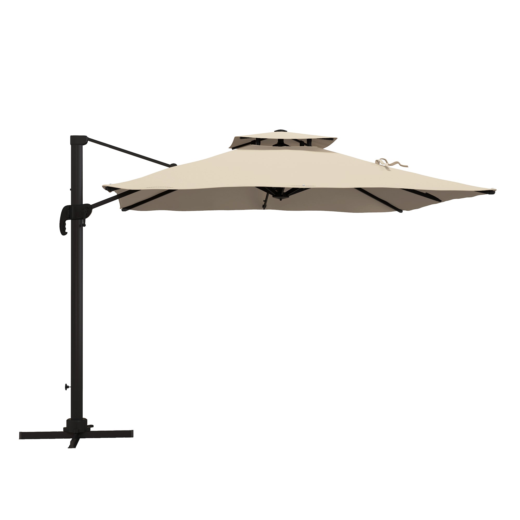Outsunny Sombrilla de Jardín 300x300 cm Parasol de Aluminio con Manivela Poste Giratorio 360° Doble Techo Inclinable en 6 Posiciones y Base Cruzada Incluida Caqui