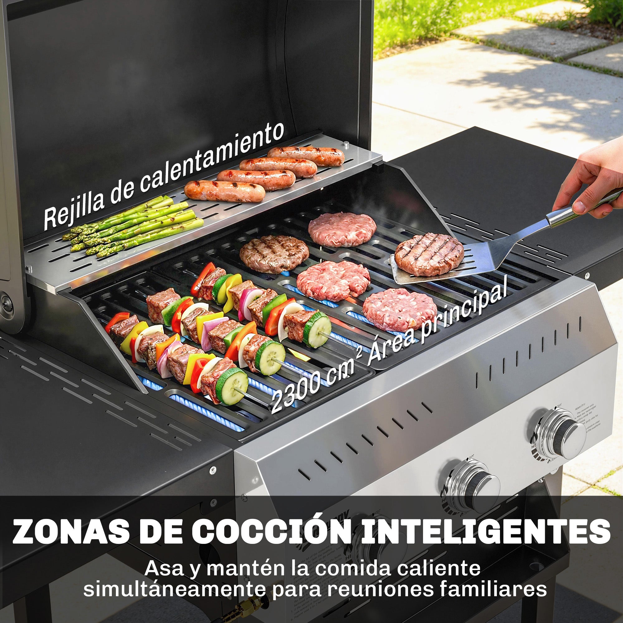 Outsunny Barbacoa de Gas BBQ Gas con 3 Quemadores 9 kW Barbacoa Portátil con Termómetro Mesas Laterales Plegables Estante Rejilla Calentadora Especiero Parrilla Recogedor Grasa 2 Ruedas Ganchos Negro