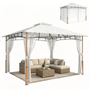 Outsunny Cenador para Jardín 3x3,6 m, Pabellón de Jardín Gazebo con Doble Techo, Paredes de Malla, UPF50+, Estructura de Metal, Carpa para Exterior, Terraza, Patio, Crema y Teca