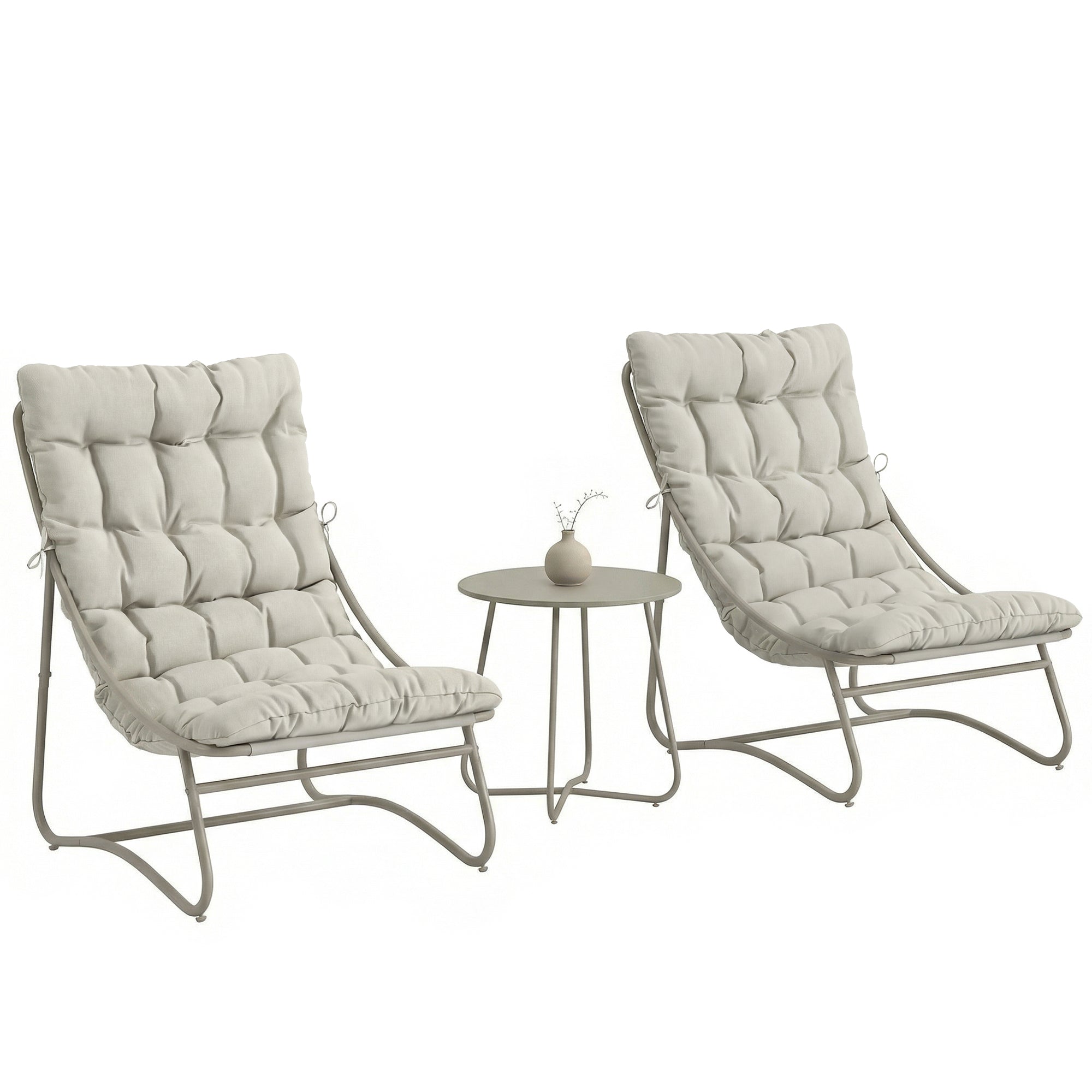 Outsunny Conjunto de Mesa y Sillas de Terraza Exterior de 3 Piezas, Muebles de Jardín Exterior con Cojines, 2 Sillas Lounge Transpirable, Mesa de Café y Marco de Acero, para Patio, Balcón, Gris Claro