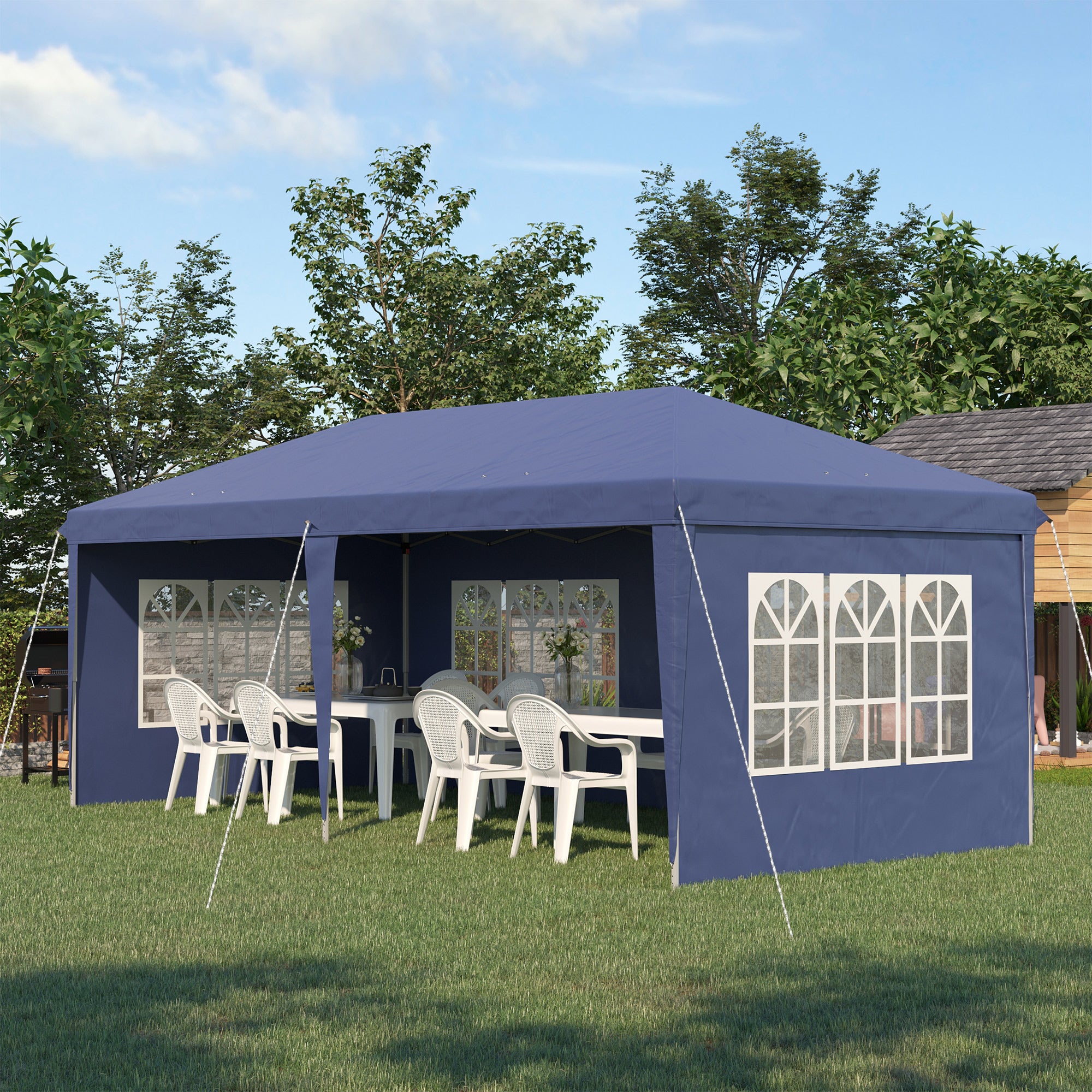 Outsunny Carpa Plegable 6x3 m con 4 Laterales Desmontables Cenador de Jardín con 4 Ventanas Visibles y Bolsa de Transporte Impermeable Gazebo para Exterior Patio Terraza Azul