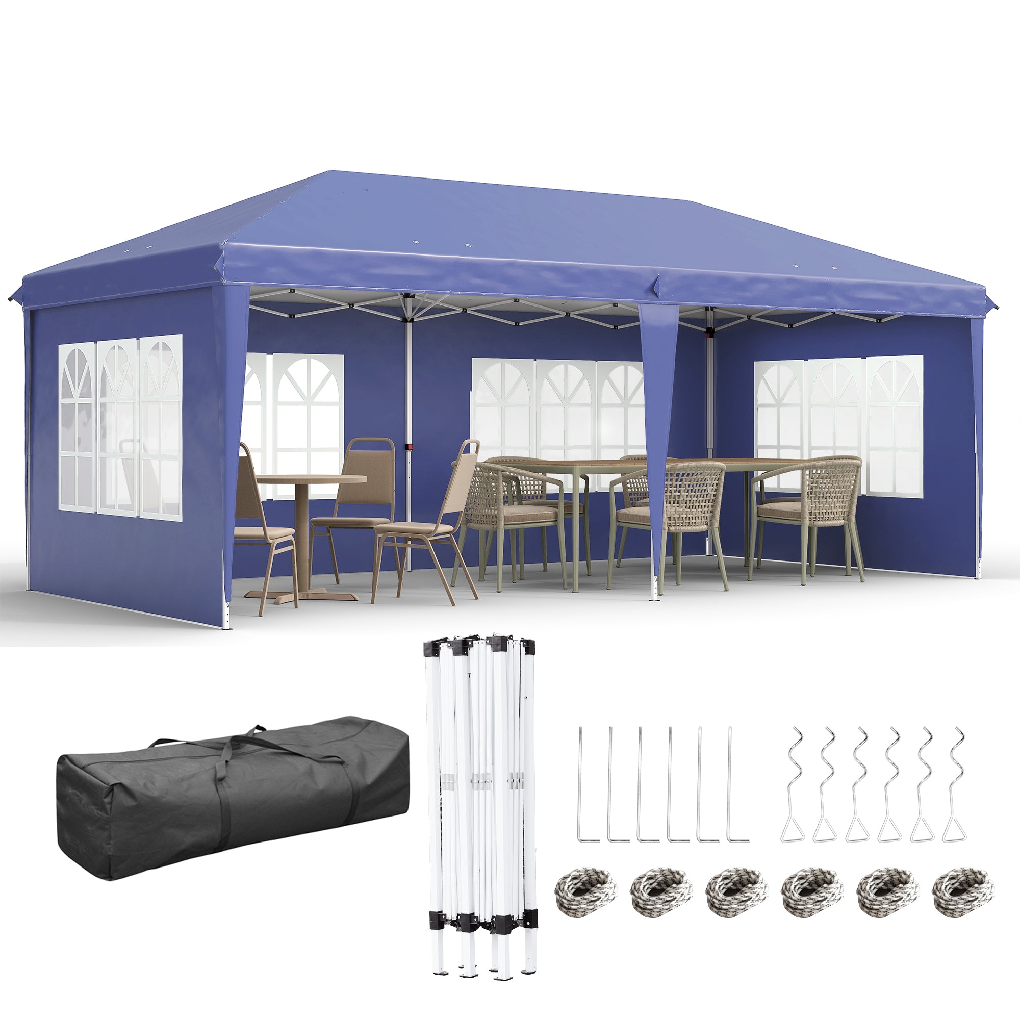 Outsunny Carpa Plegable 6x3 m con 4 Laterales Desmontables Cenador de Jardín con 4 Ventanas Visibles y Bolsa de Transporte Impermeable Gazebo para Exterior Patio Terraza Azul