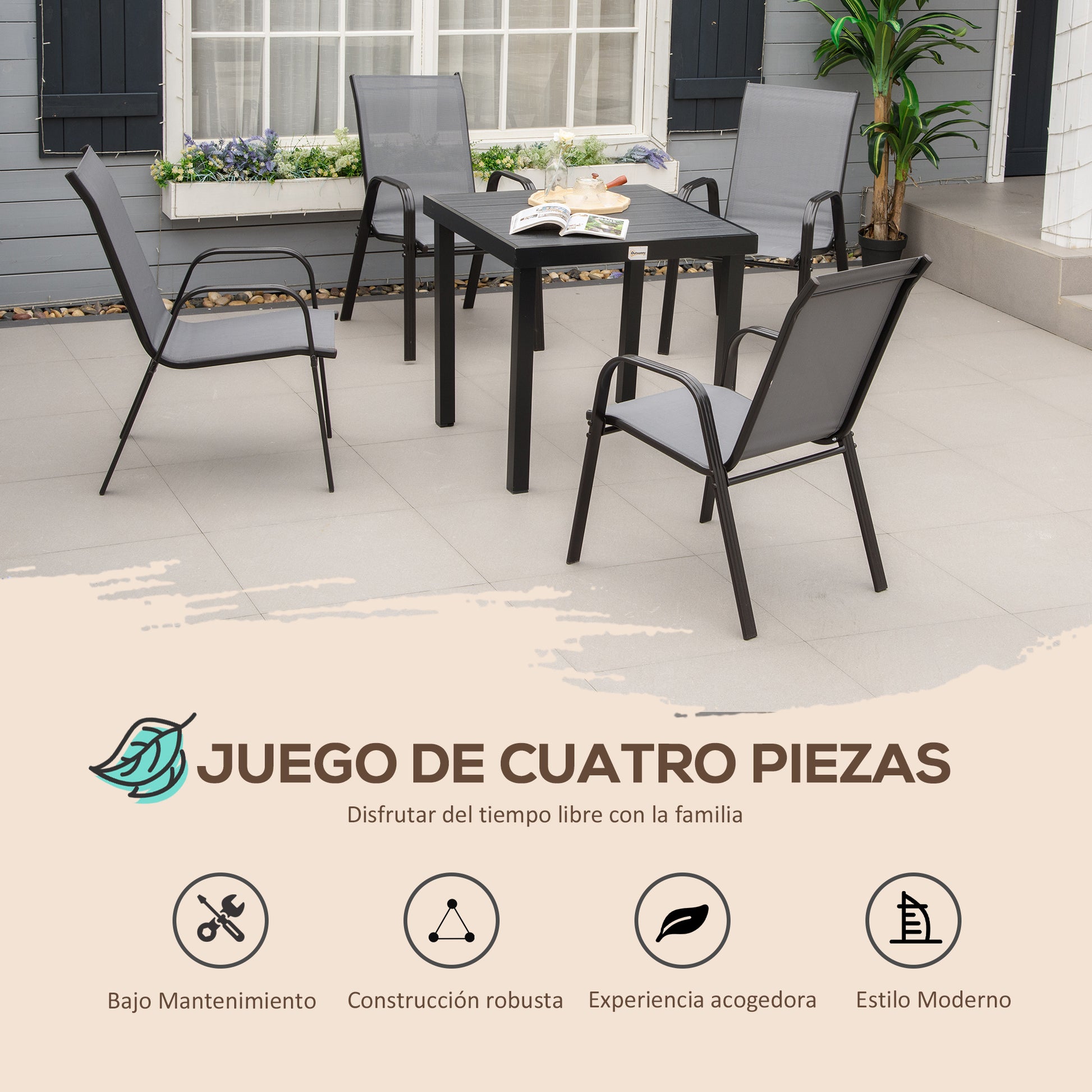 Outsunny Juego de 4 Sillas de Jardín Exterior Sillas Terraza Exterior Apilables Sillón de Comedor con Tela Transpirable Marco de Metal Reposabrazos y Respaldo 54x75,5x95 cm Gris Oscuro