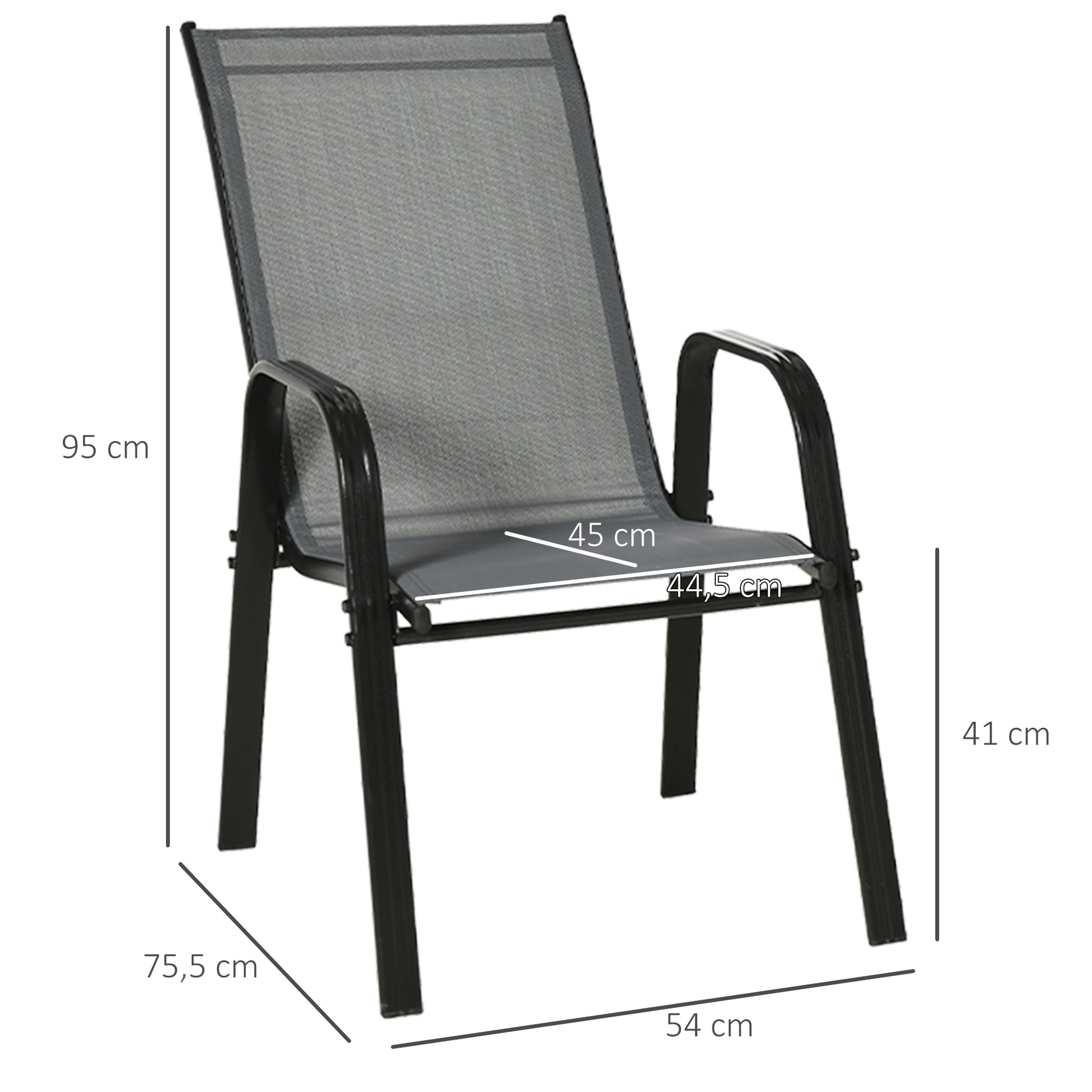 Outsunny Juego de 4 Sillas de Jardín Exterior Sillas Terraza Exterior Apilables Sillón de Comedor con Tela Transpirable Marco de Metal Reposabrazos y Respaldo 54x75,5x95 cm Gris Oscuro