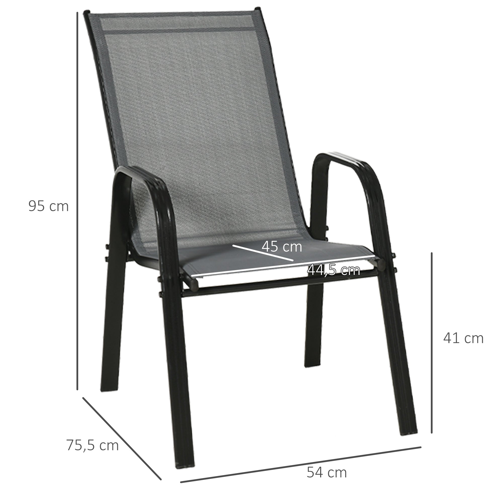 Outsunny Juego de 4 Sillas de Jardín Exterior Sillas Terraza Exterior Apilables Sillón de Comedor con Tela Transpirable Marco de Metal Reposabrazos y Respaldo 54x75,5x95 cm Gris Oscuro