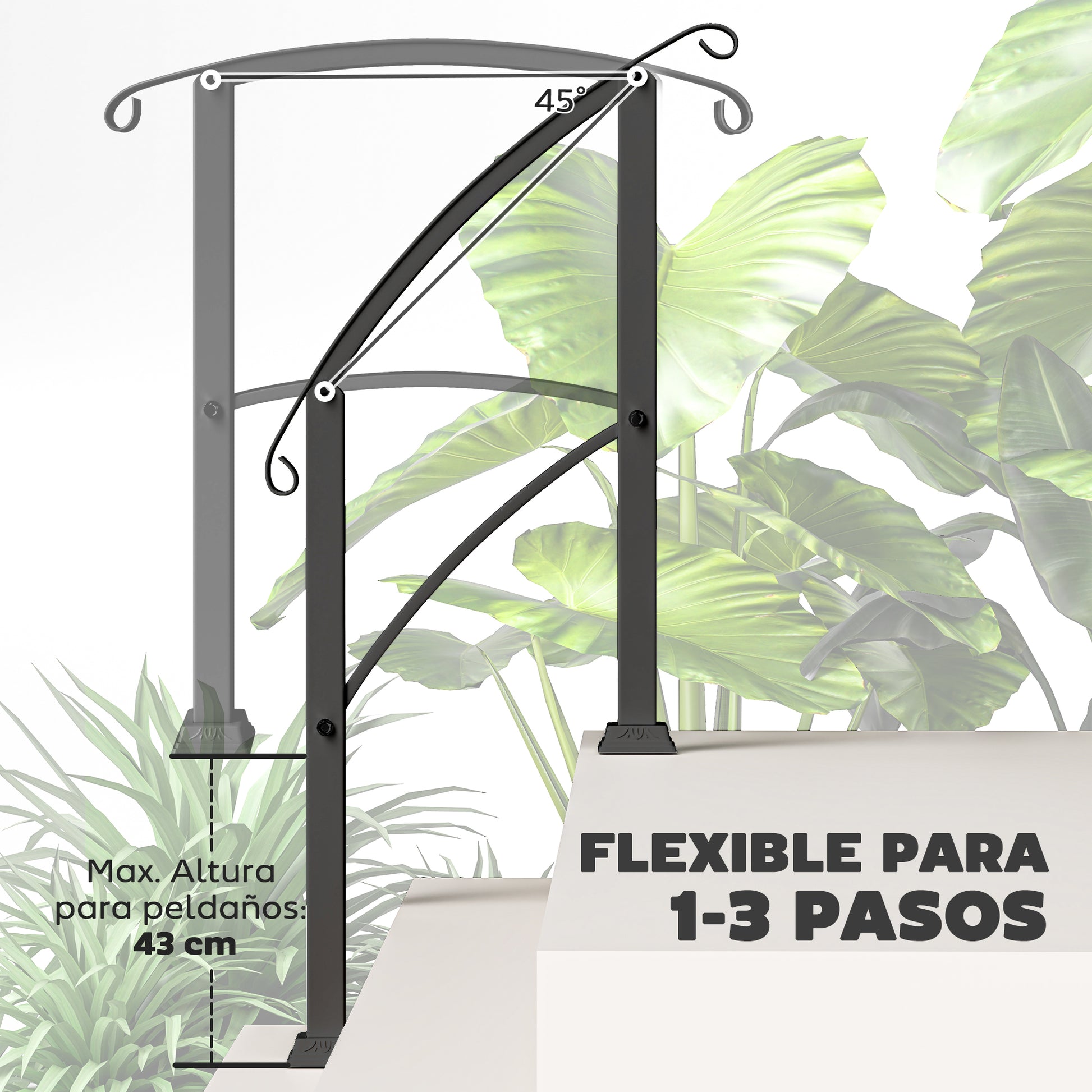 Outsunny Barandilla de Escalera 71 cm Pasamanos para Escalera con Kit de Instalación Ángulo Ajustable para 1-3 Escalones para Exterior Terraza Patio Negro