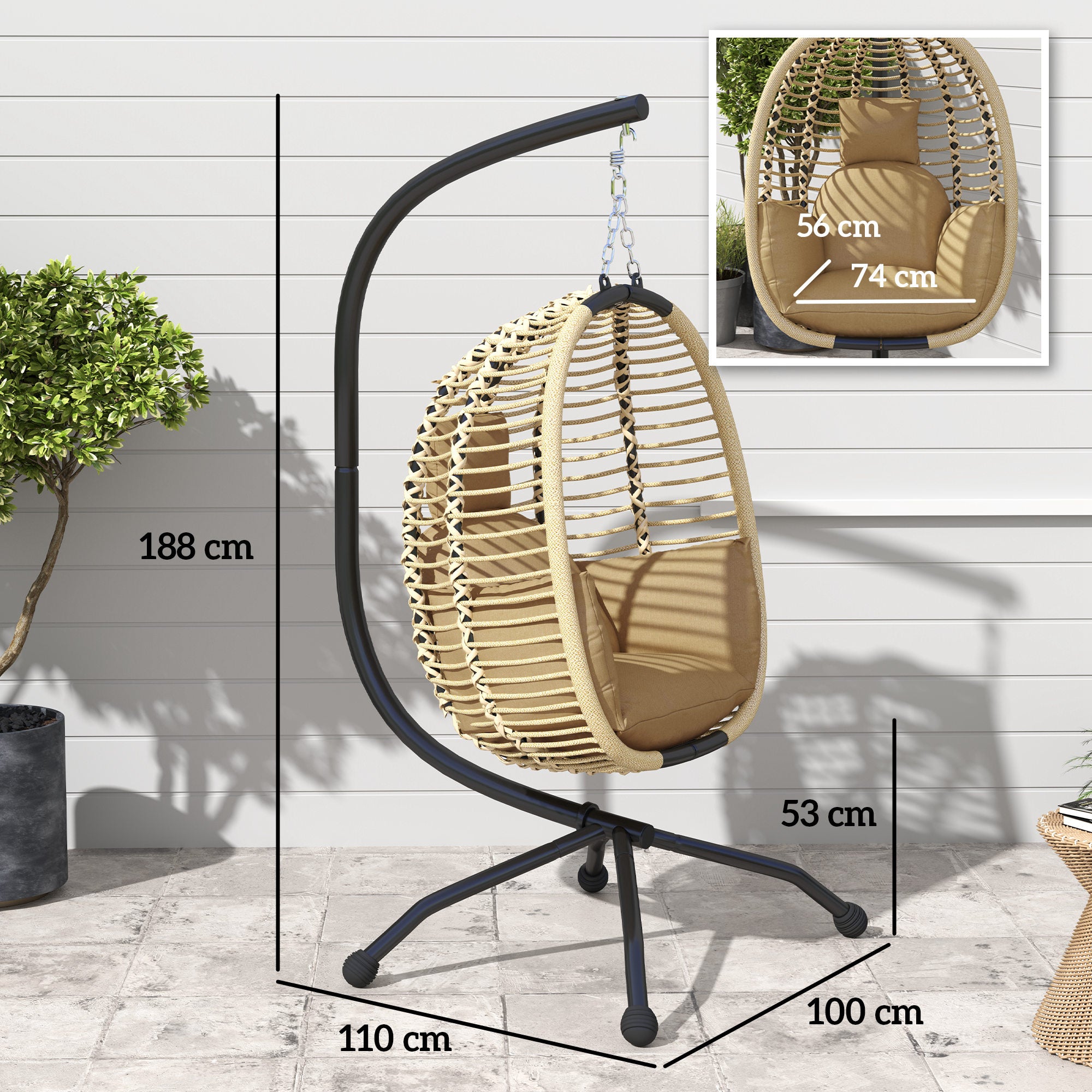 Outsunny Silla Colgante Huevo con Soporte Columpio de Jardín Exterior con Cesta Plegable Reposacabezas Cojín Bolsillo Lateral Columpio Colgante para Interior y Exterior Carga 120 kg Beige