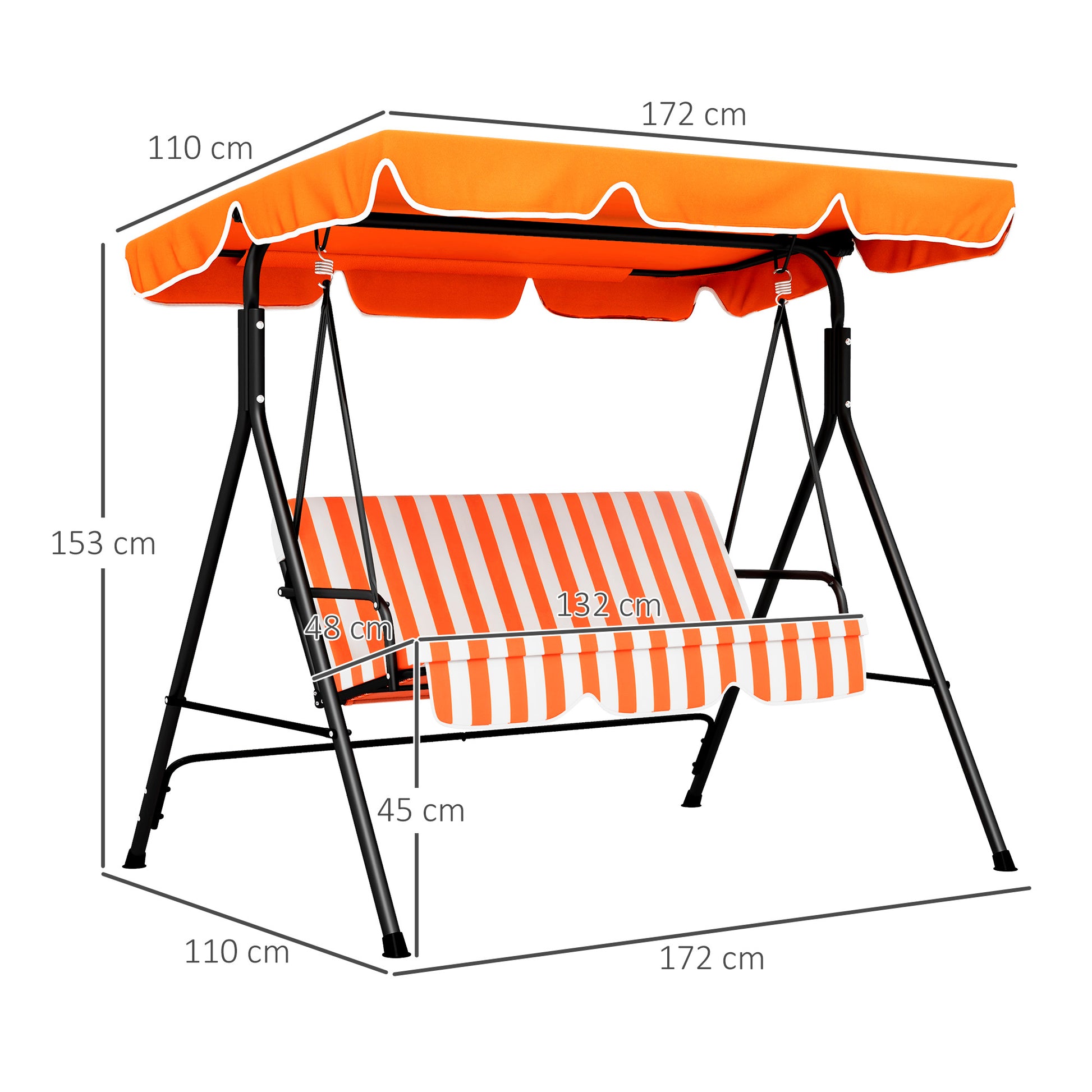 Outsunny Columpio de Jardín Exterior de 3 Plazas, Balancín de Jardín Exterior con Techo Ajustable y Marco de Acero, para Balcón, Terraza, Patio, Carga 200 kg, 172x110x153 cm, Naranja