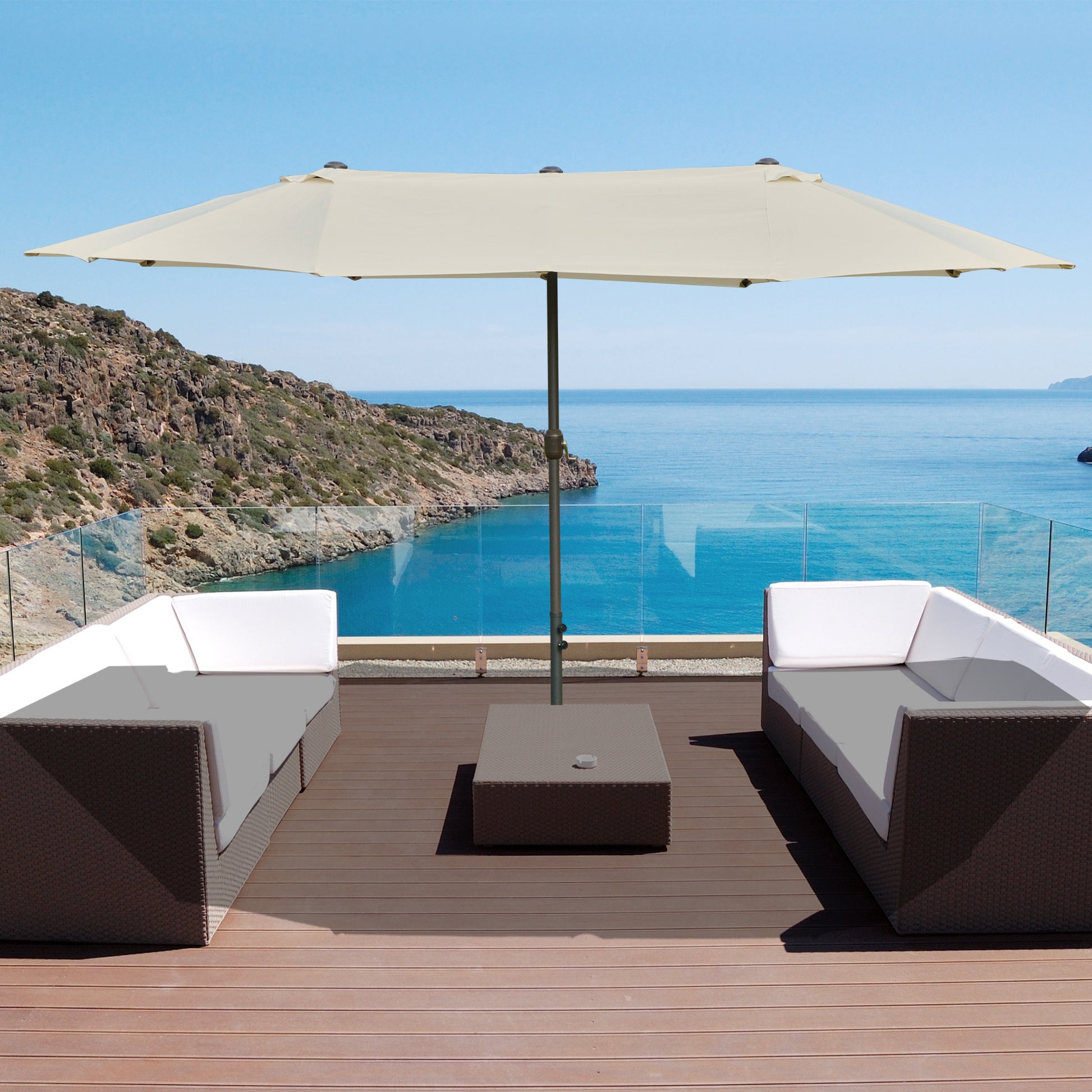 Outsunny Sombrilla Doble 4,55x2,65 m Sombrilla Terraza Exterior con Manivela Manual Resistente al Agua y Protección Solar Sombrilla Grande para Terraza Playa Piscina Crema