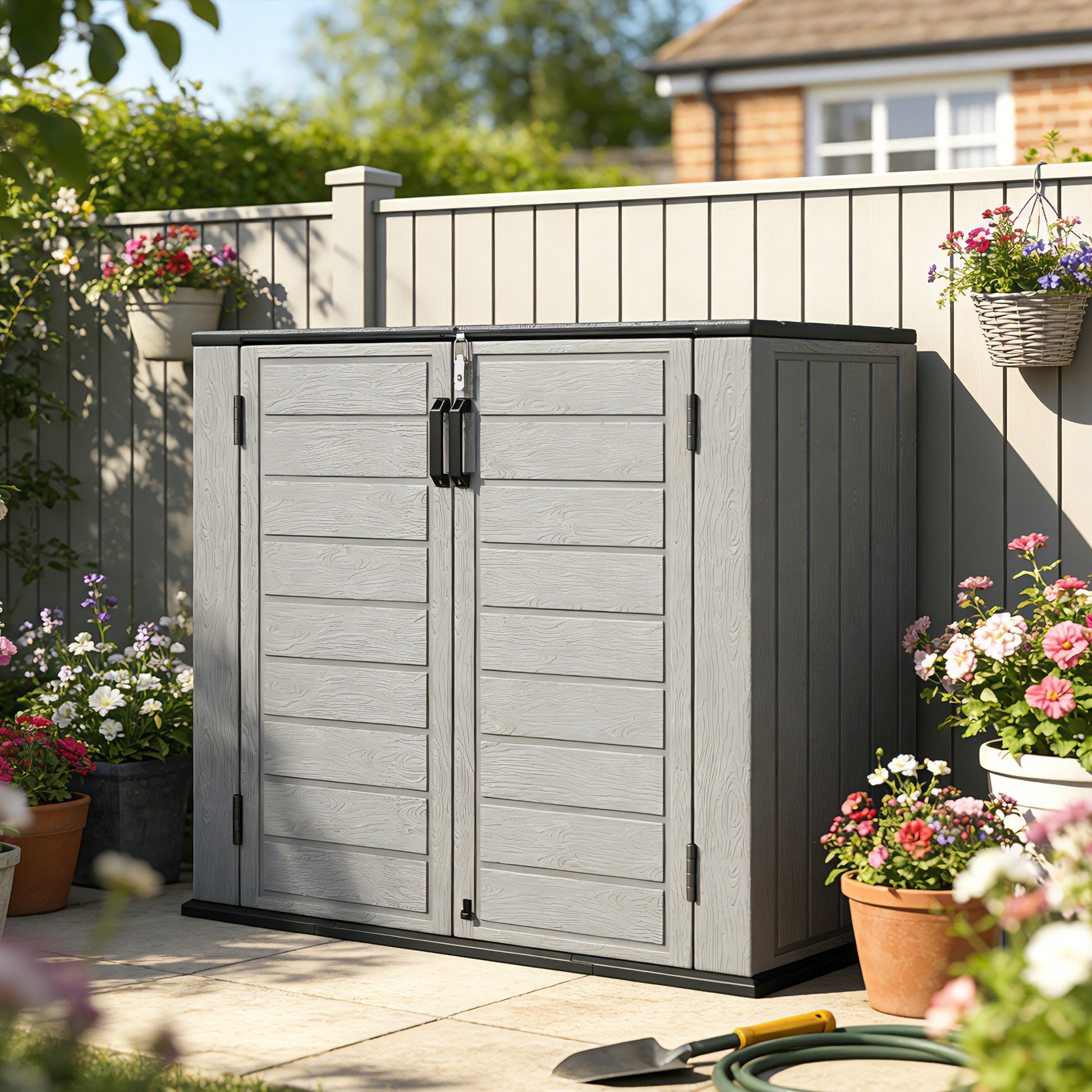 Outsunny Armario de Exterior de HDPE, 940L, Caseta de Jardín Exterior con Tapa Abatible, 2 Puertas, Cerradura, Cobertizo de Jardín para Almacenaje Herramientas, 142x67x119 cm, Gris Claro