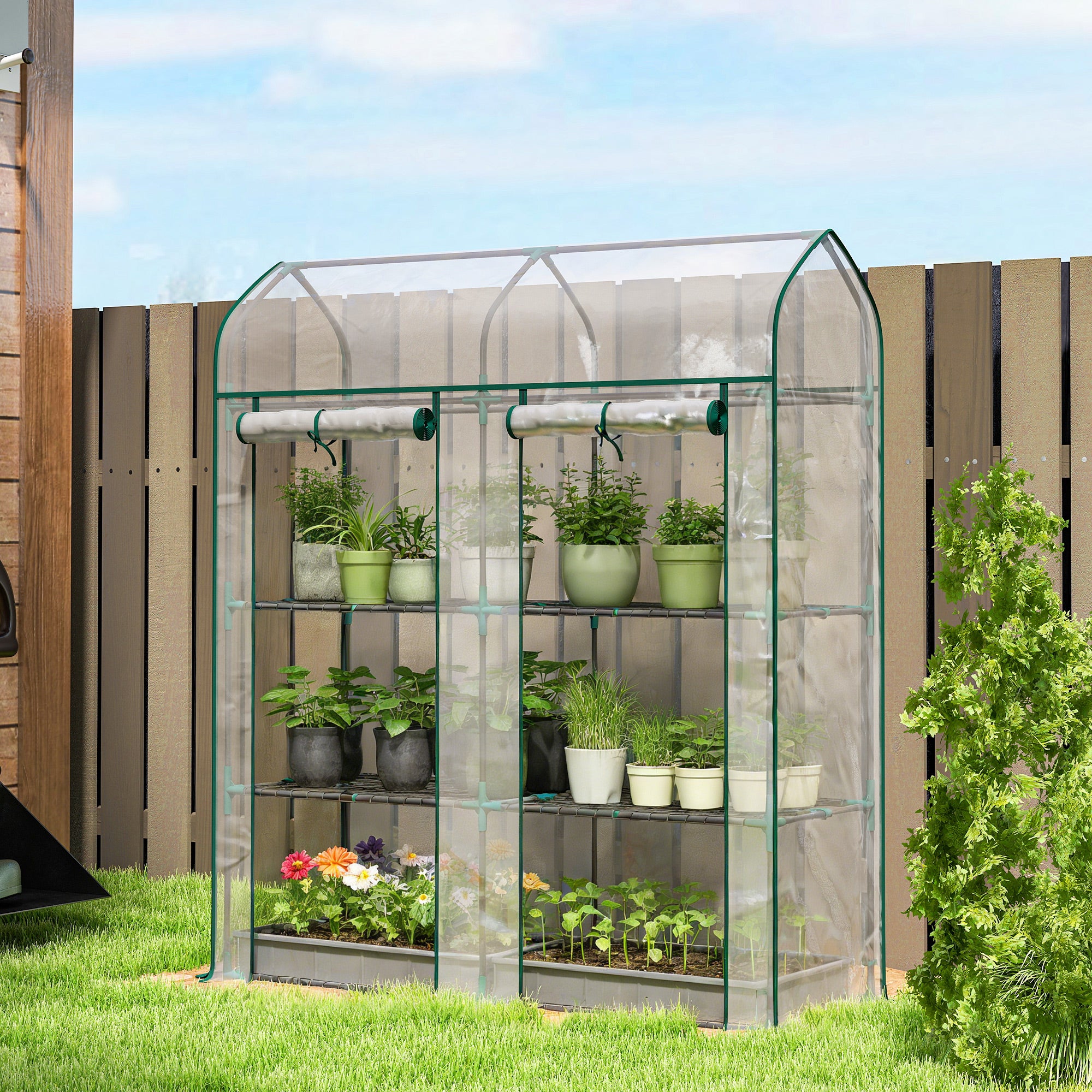 Outsunny Invernadero Pequeño de 3 Niveles, Invernadero de Exterior con 2 Puertas Enrollables, Marco de Acero y Cubierta de Plástico Anti-UV para Cultivar Plantas, Flores, 143x46x165 cm, Transparente