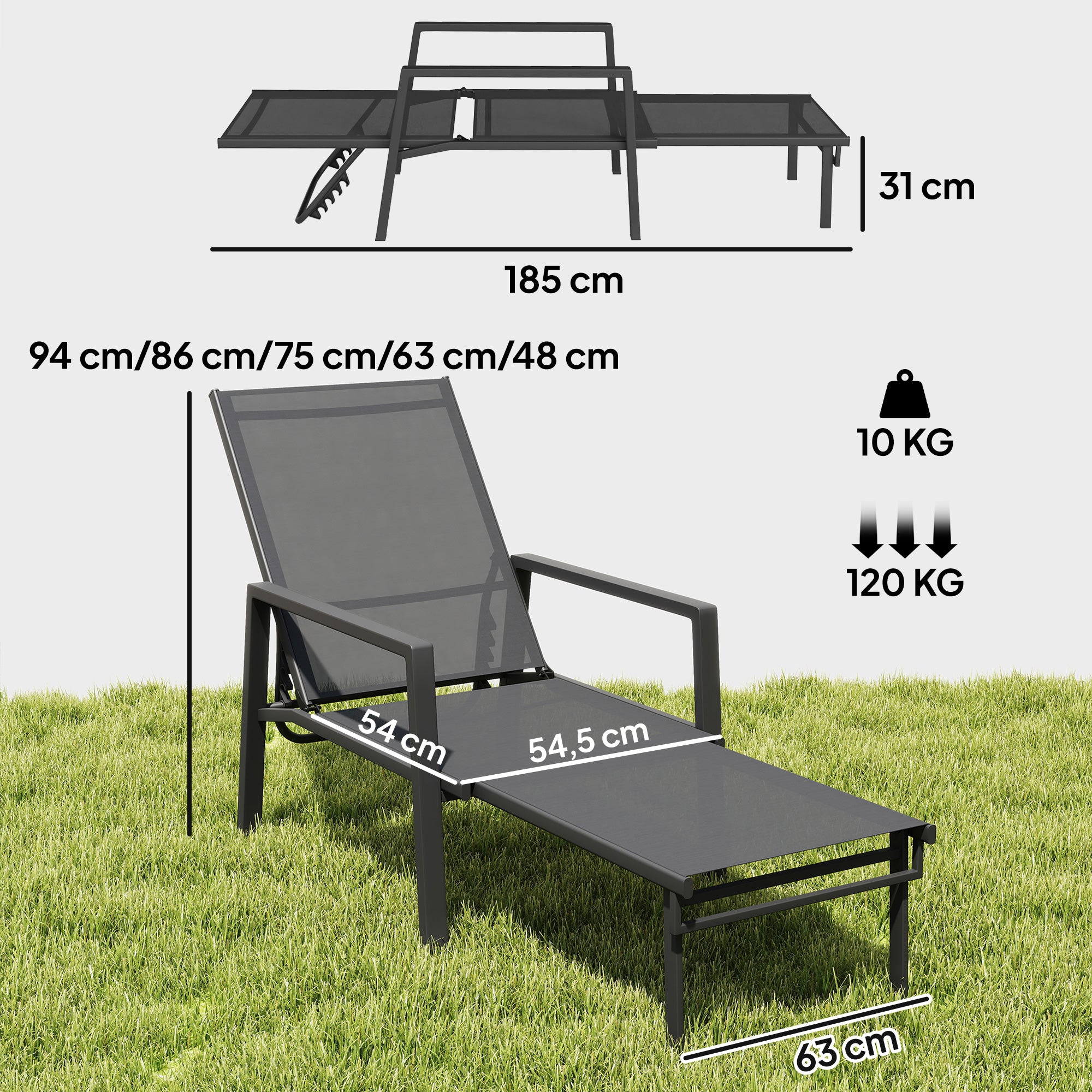 Outsunny Tumbona Plegable 2 en 1, Tumbona Jardín Exterior con Reposapiés Retráctil, Respaldo Ajustable en 5 Posiciones, Tela de Textilene, Marco Acero, Carga 120 kg, para Terraza, Playa, Gris Oscuro