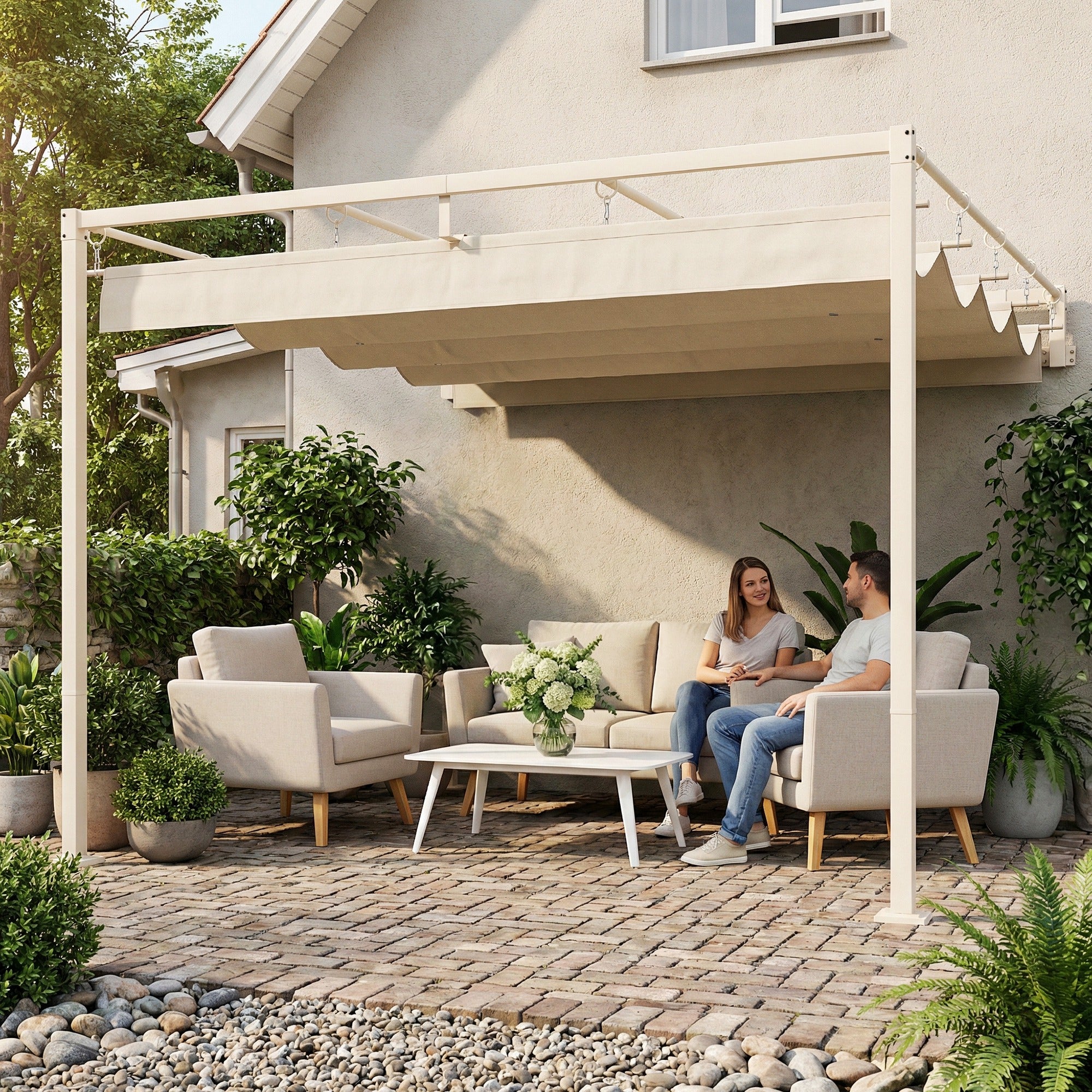 Outsunny Pérgola de Pared de Jardín 3x3 m, Cenador de Jardín con Techo Retráctil, Protección UPF30+, Orificios de Drenaje y Estructura de Acero, Pabellón para Patio, Terraza, Exterior, Beige
