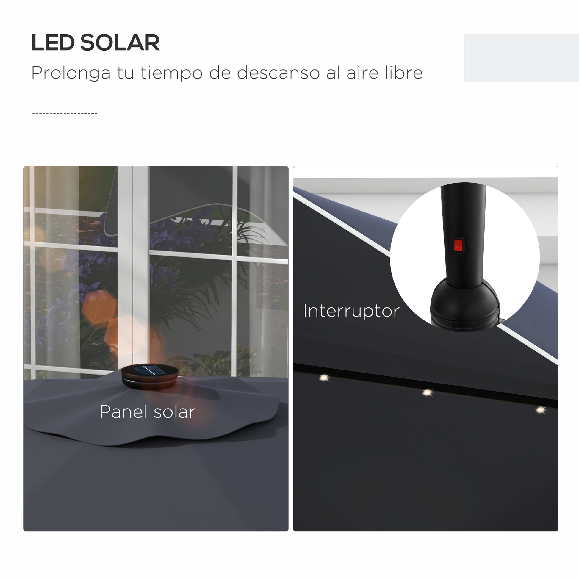 Outsunny Sombrilla de Jardín Ø292x248 cm Parasol de Terraza Manual con 32 Luces LED Solares 8 Varillas Ángulo Ajustable Impermeable y Rejillas de Ventilación para Patio Balcón Gris Oscuro