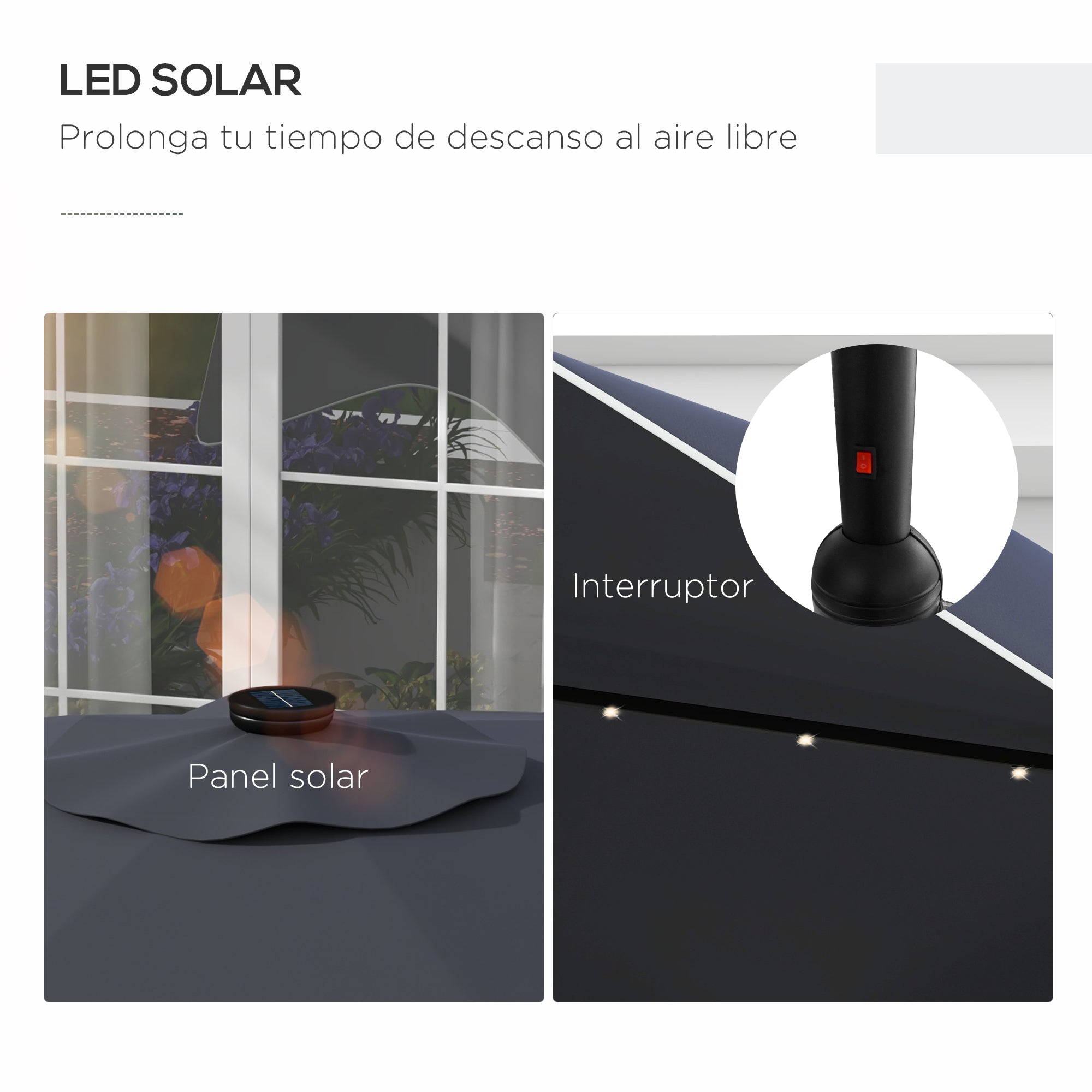 Outsunny Sombrilla de Jardín Ø292x248 cm Parasol de Terraza Manual con 32 Luces LED Solares 8 Varillas Ángulo Ajustable Impermeable y Rejillas de Ventilación para Patio Balcón Gris Oscuro