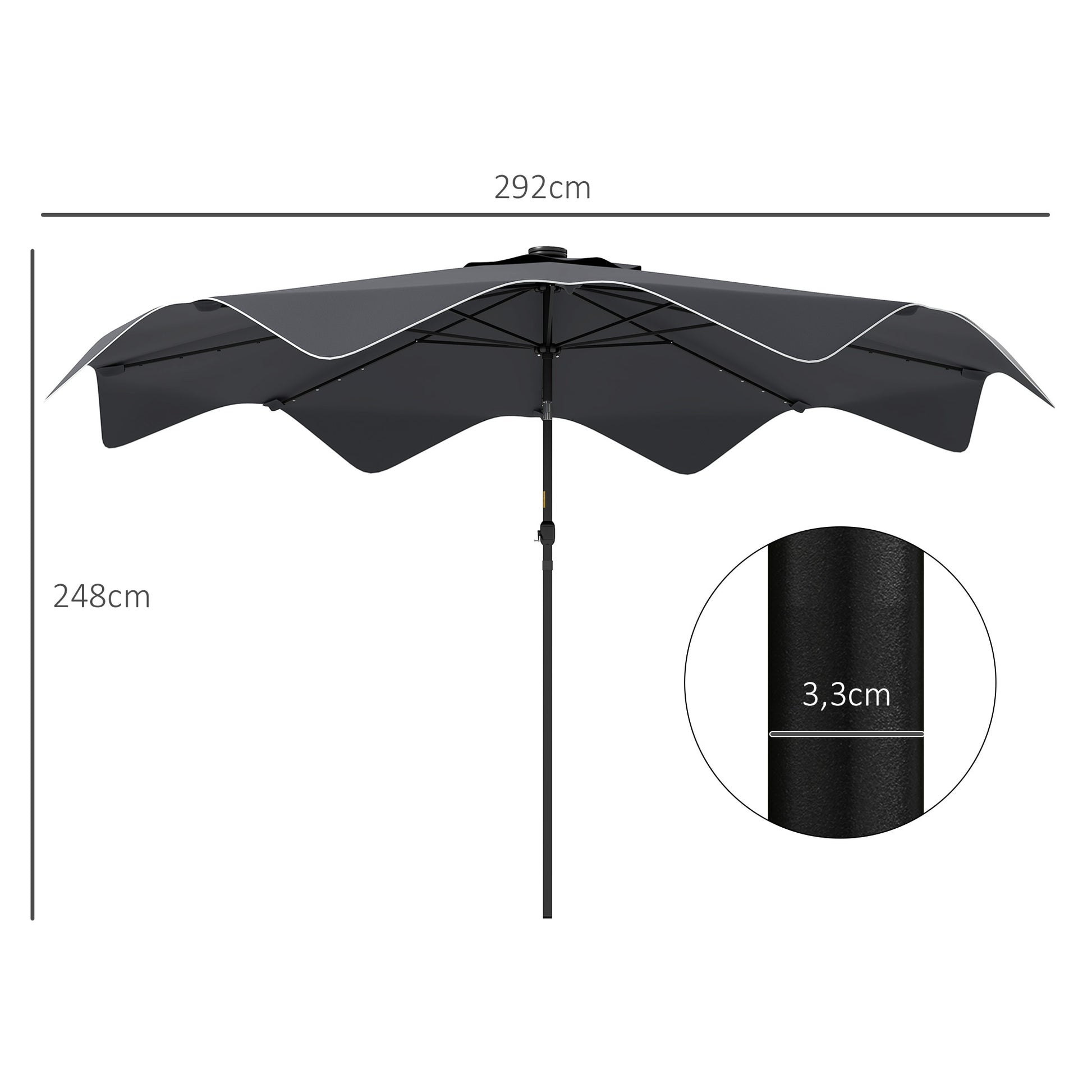 Outsunny Sombrilla de Jardín Ø292x248 cm Parasol de Terraza Manual con 32 Luces LED Solares 8 Varillas Ángulo Ajustable Impermeable y Rejillas de Ventilación para Patio Balcón Gris Oscuro