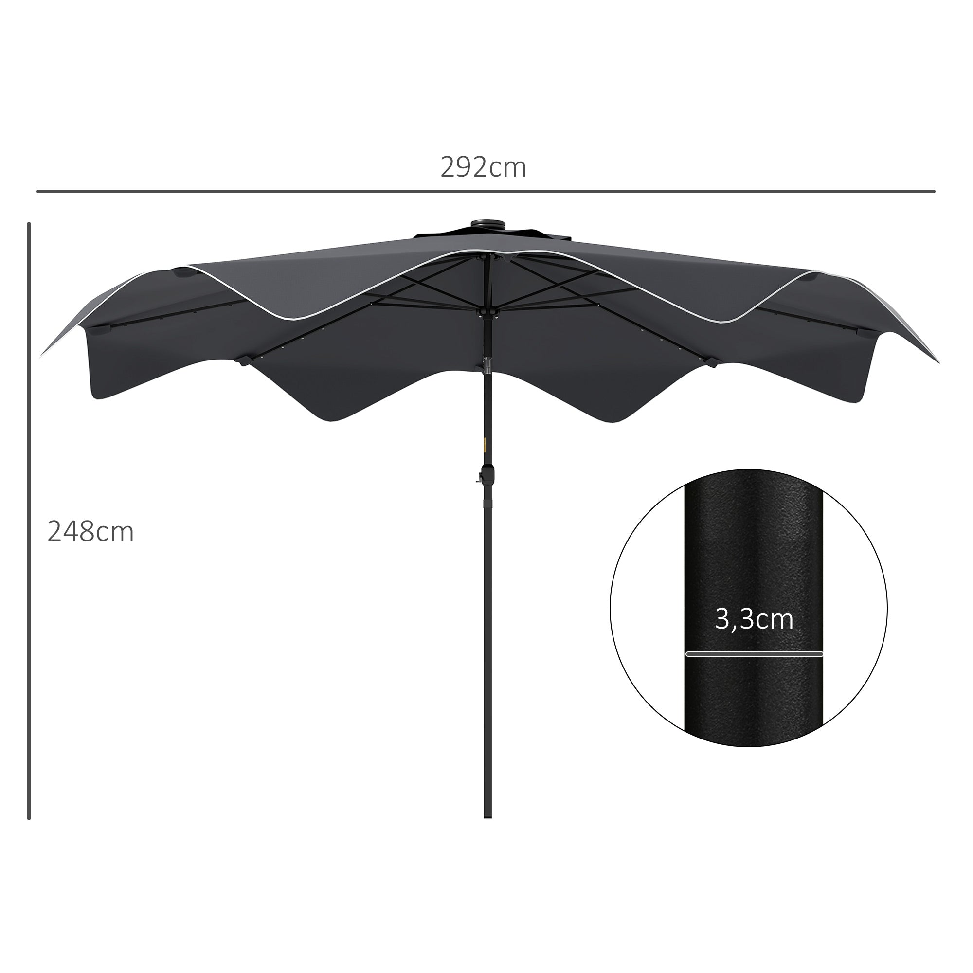 Outsunny Sombrilla de Jardín Ø292x248 cm Parasol de Terraza Manual con 32 Luces LED Solares 8 Varillas Ángulo Ajustable Impermeable y Rejillas de Ventilación para Patio Balcón Gris Oscuro