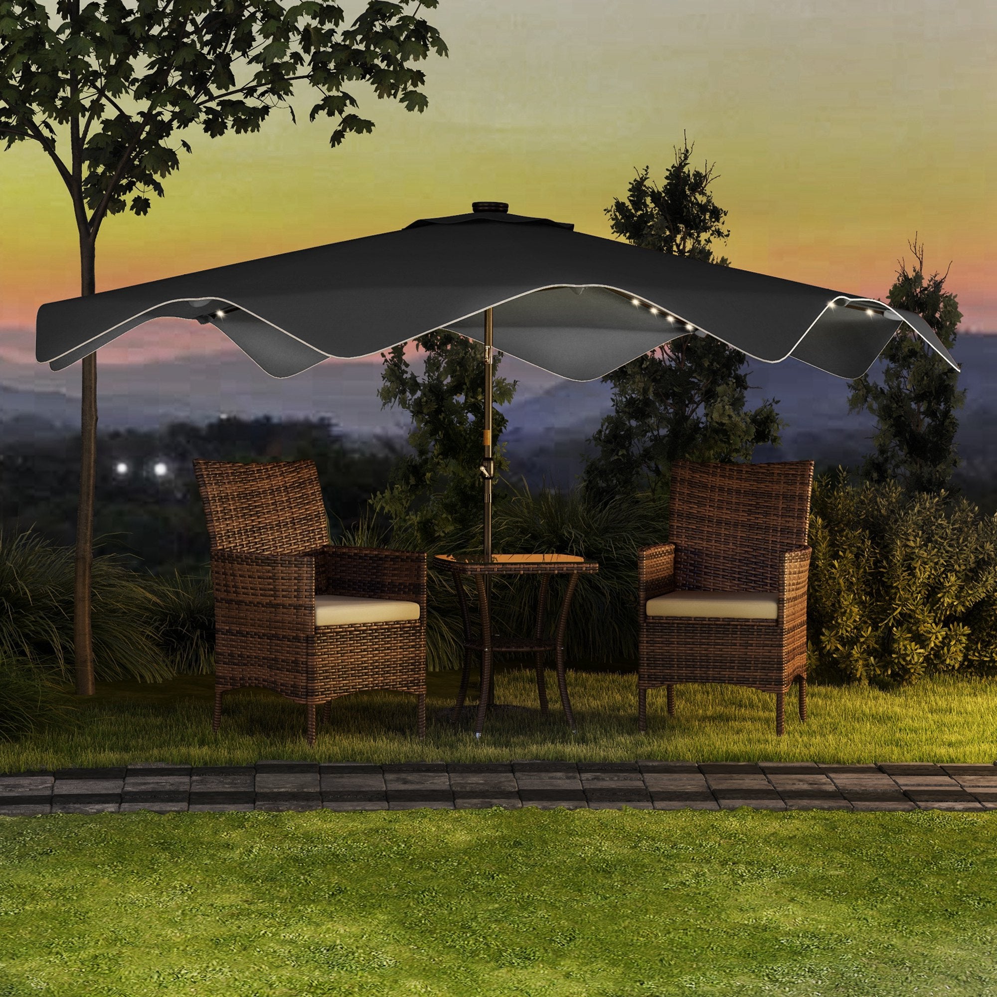Outsunny Sombrilla de Jardín Ø292x248 cm Parasol de Terraza Manual con 32 Luces LED Solares 8 Varillas Ángulo Ajustable Impermeable y Rejillas de Ventilación para Patio Balcón Gris Oscuro