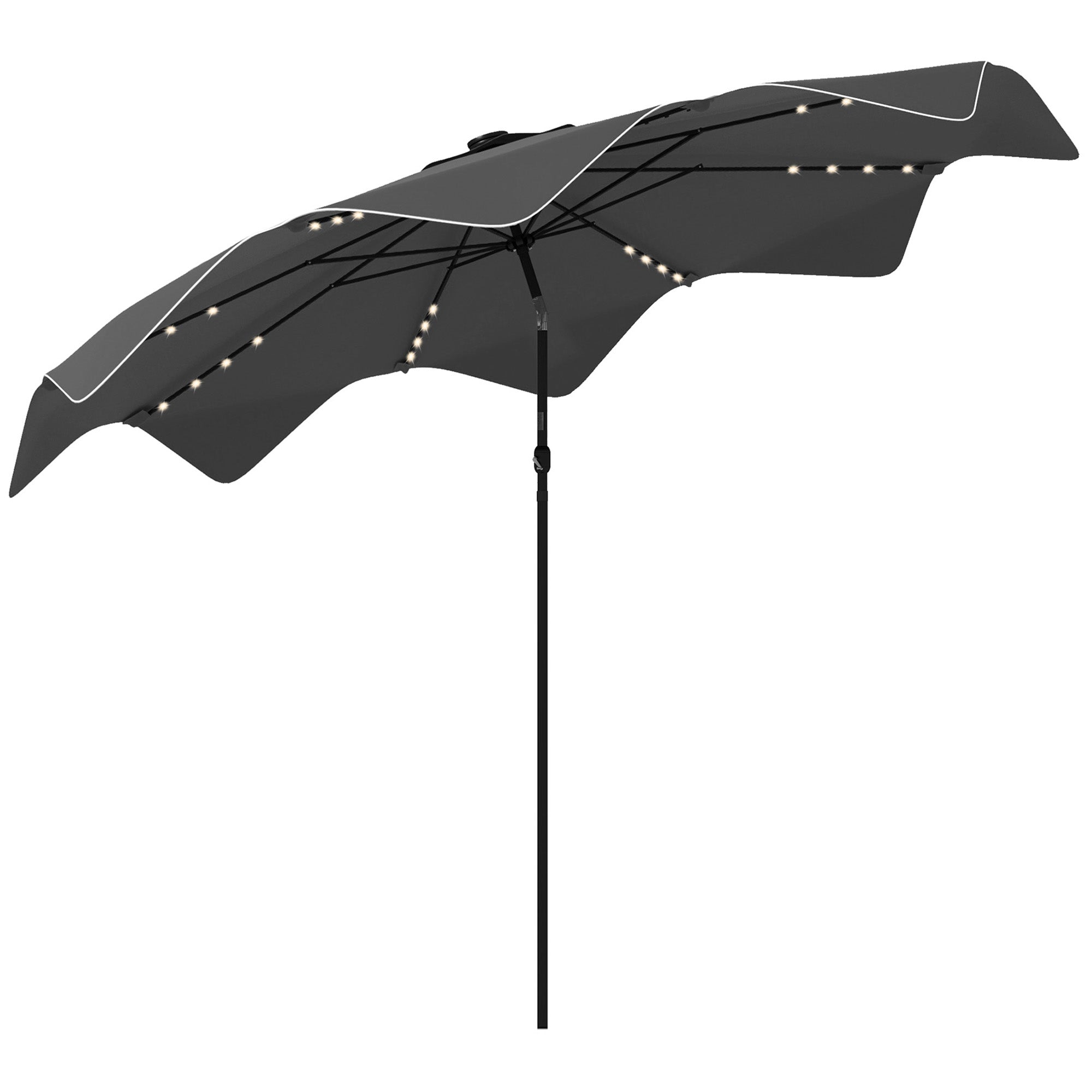 Outsunny Sombrilla de Jardín Ø292x248 cm Parasol de Terraza Manual con 32 Luces LED Solares 8 Varillas Ángulo Ajustable Impermeable y Rejillas de Ventilación para Patio Balcón Gris Oscuro