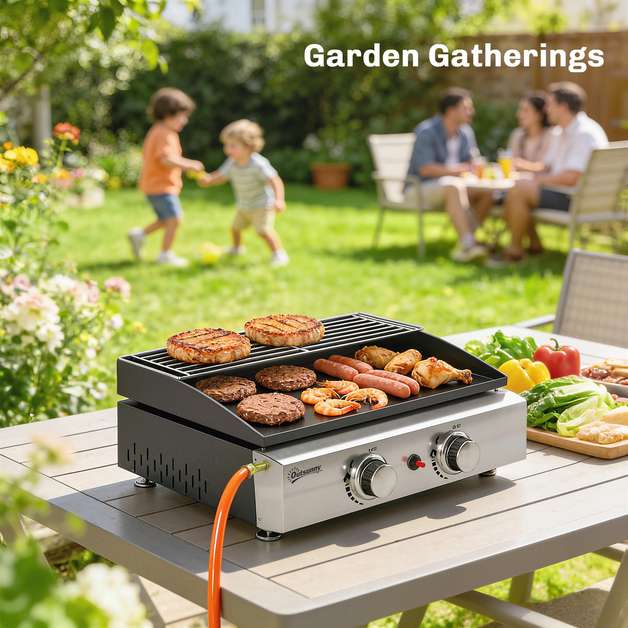 Outsunny Barbacoa de Gas BBQ Gas con 2 Quemadores 5 kW, Barbacoa Portátil con Plancha, Rejilla Calentadora y Recogedor Grasa, para Camping, Picnic, Terraza, Negro