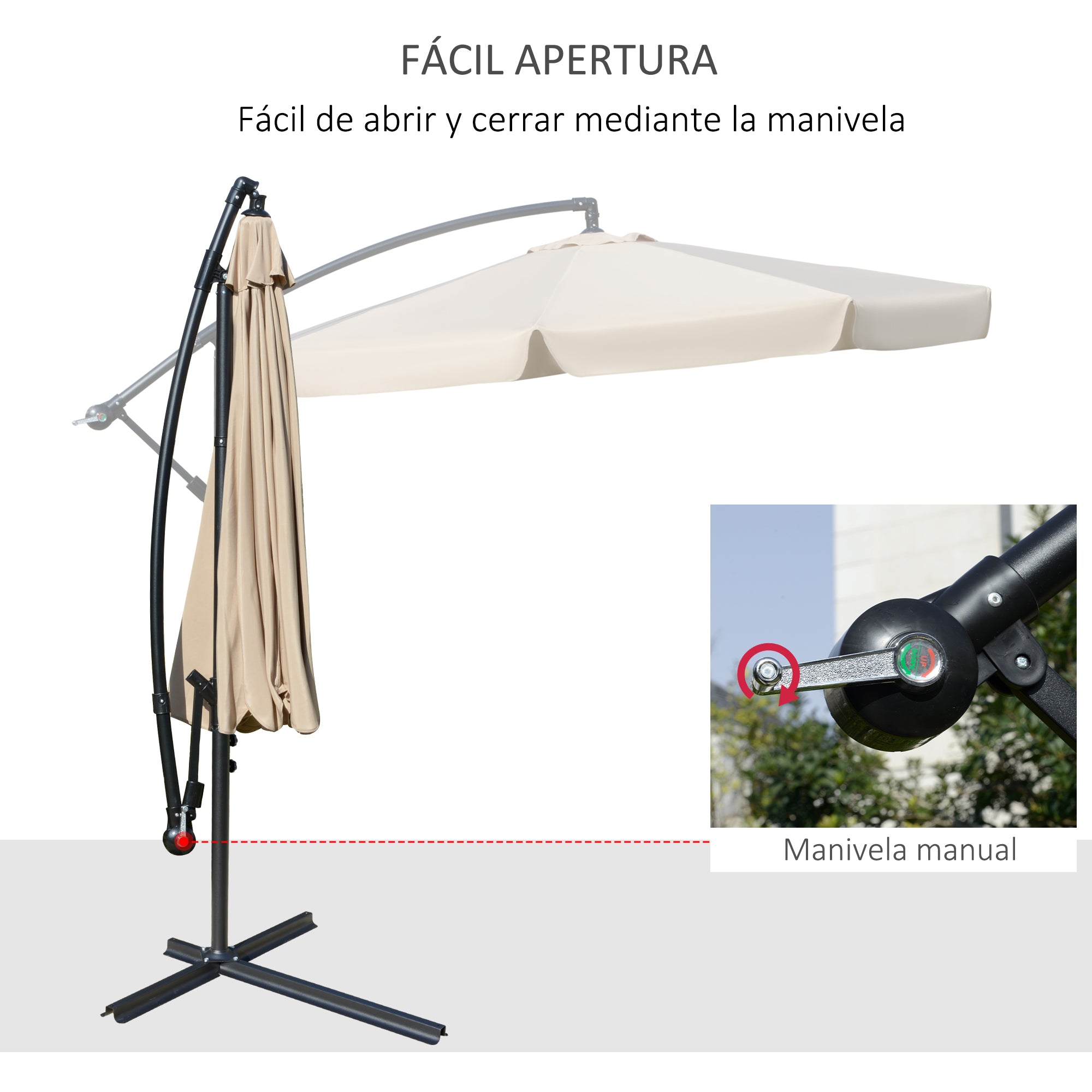 Outsunny Sombrilla de Jardín Ø265 cm Parasol Excéntrico con Techo Inclinable Manivela 8 Costillas de Metal y Base Cruzada Protección Solar para Terraza Balcón Exterior Marrón Claro