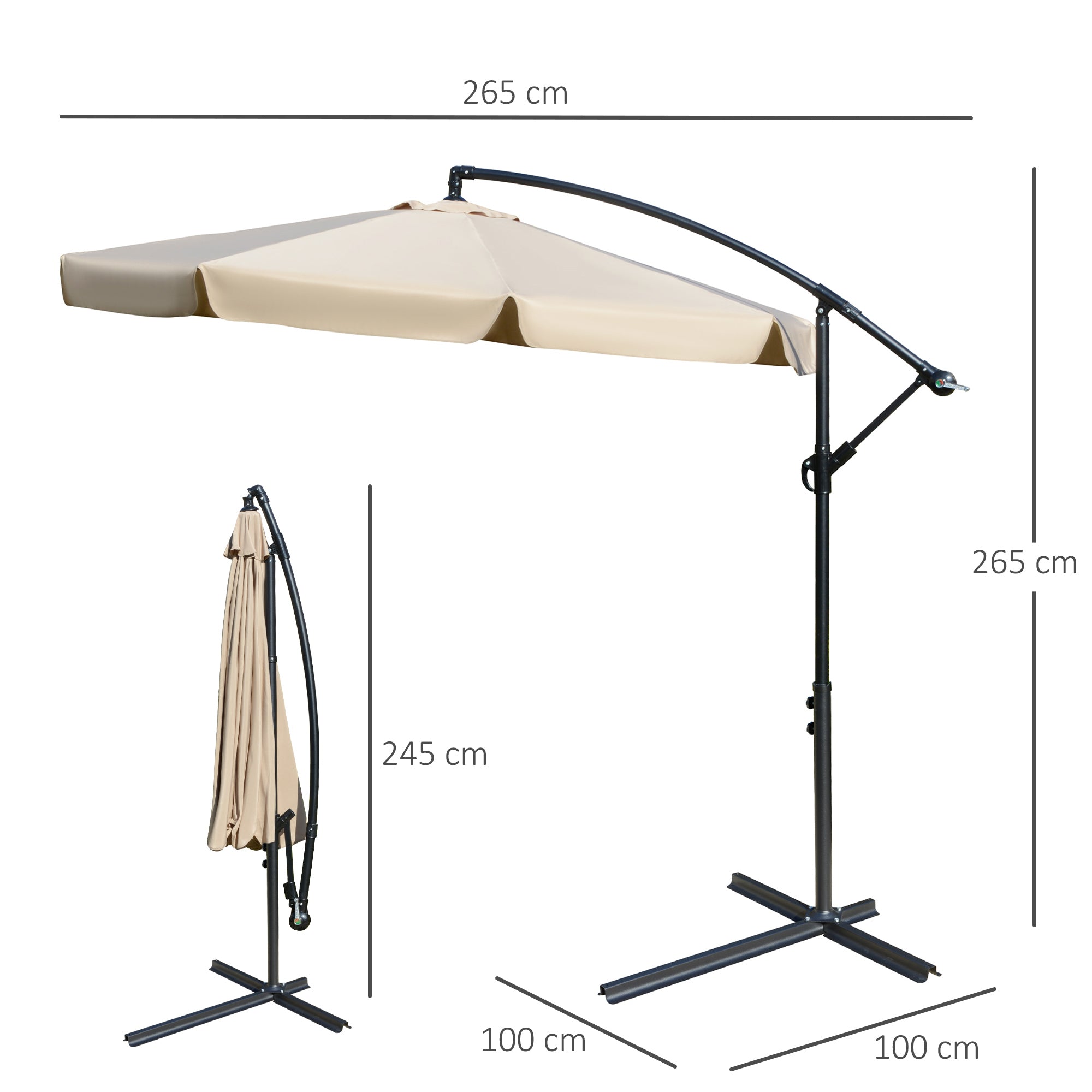 Outsunny Sombrilla de Jardín Ø265 cm Parasol Excéntrico con Techo Inclinable Manivela 8 Costillas de Metal y Base Cruzada Protección Solar para Terraza Balcón Exterior Marrón Claro