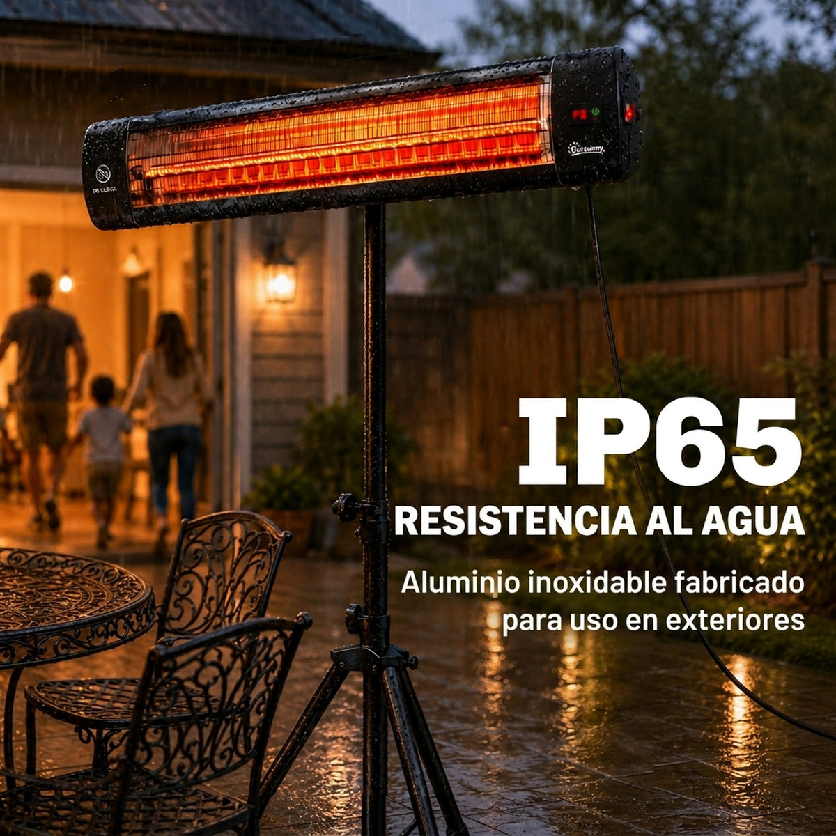 Outsunny Calefactor por Infrarrojos para Terraza 2500 W, Estufa Exterior Eléctrica de Pie de Aluminio con IP65, Trípode Regulable, 3 Niveles de Calor, Control Táctil/Remoto, Temporizador 24 H