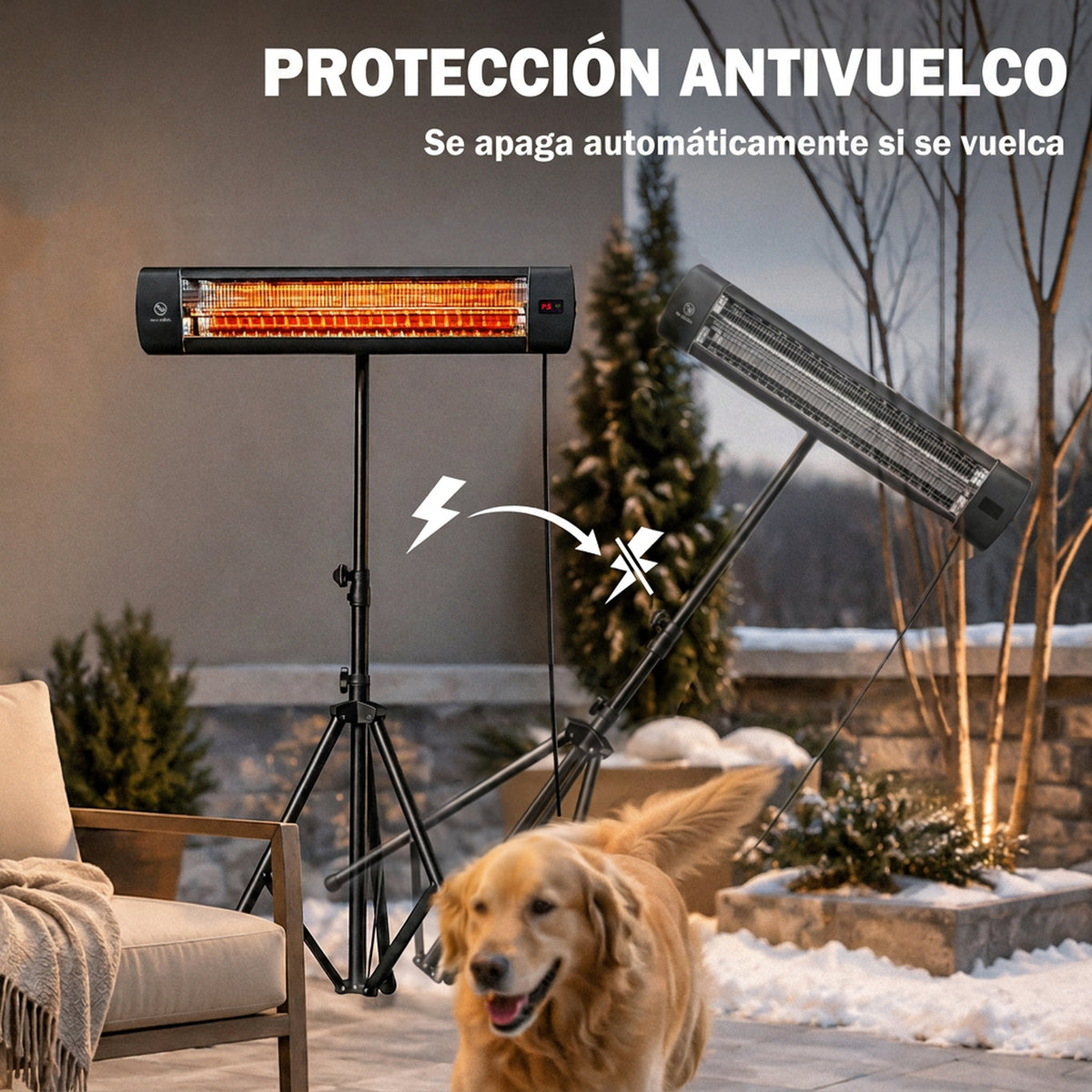 Outsunny Calefactor por Infrarrojos para Terraza 2500 W, Estufa Exterior Eléctrica de Pie de Aluminio con IP65, Trípode Regulable, 3 Niveles de Calor, Control Táctil/Remoto, Temporizador 24 H