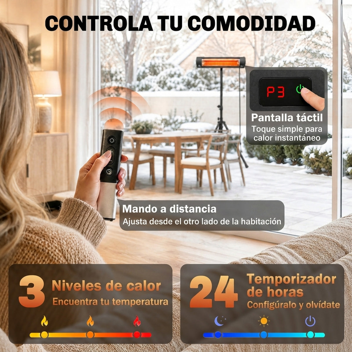 Outsunny Calefactor por Infrarrojos para Terraza 2500 W, Estufa Exterior Eléctrica de Pie de Aluminio con IP65, Trípode Regulable, 3 Niveles de Calor, Control Táctil/Remoto, Temporizador 24 H