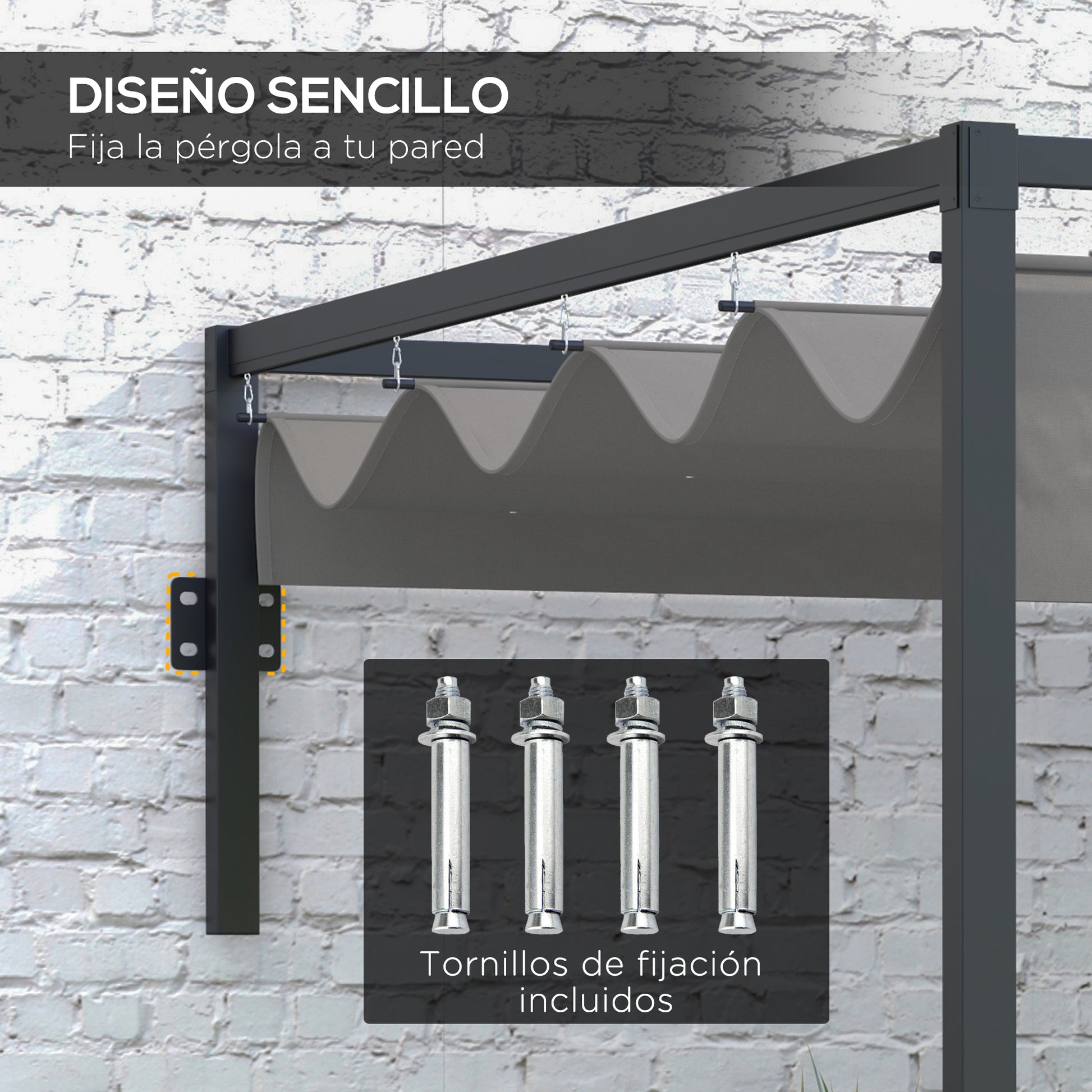 Outsunny Pérgola con Techo Retráctil Pérgola de Pared 3x2 m Cenador con Tela de Poliéster Resistente al Agua Pabellón para Jardín Patio Terraza Exterior Gris Oscuro