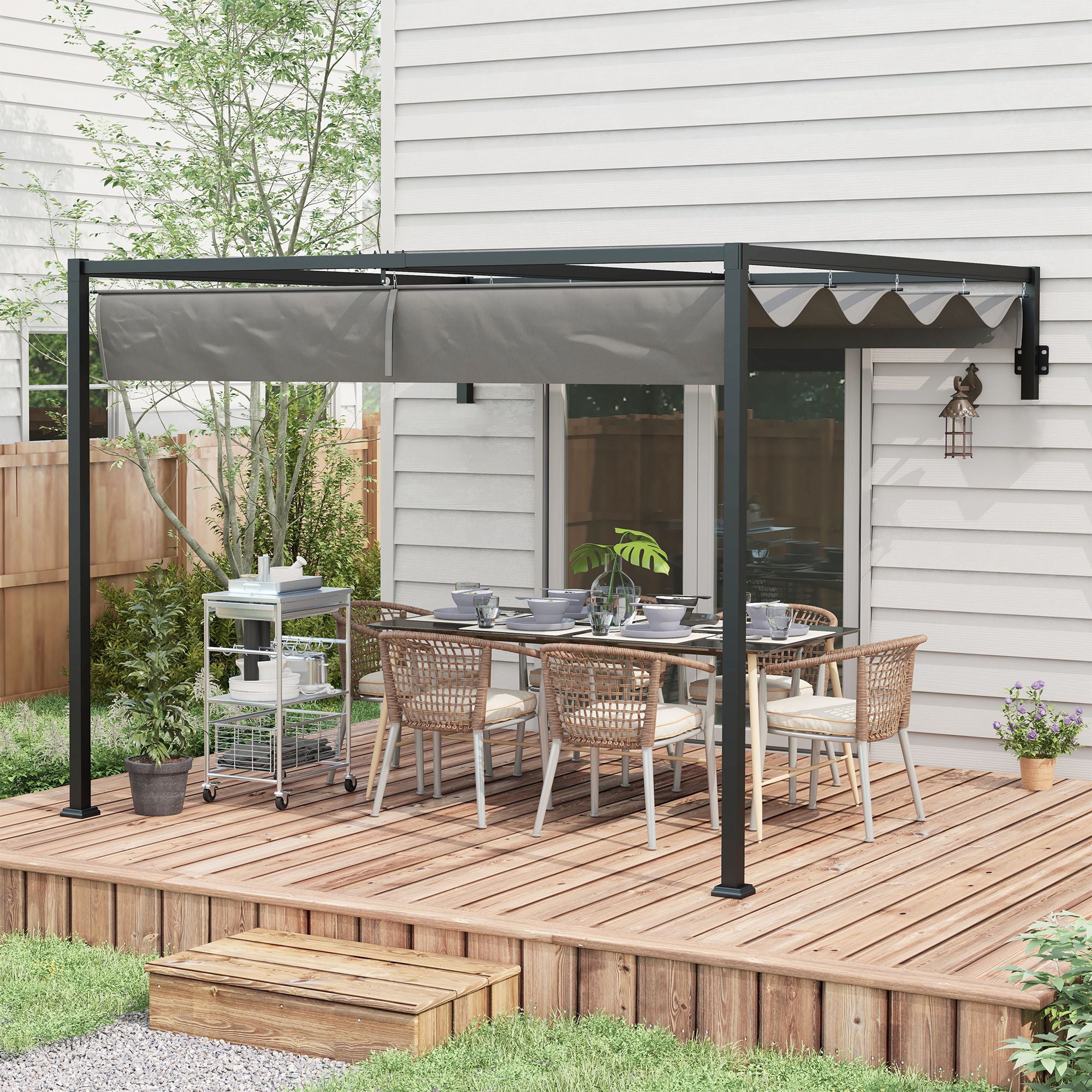 Outsunny Pérgola con Techo Retráctil Pérgola de Pared 3x2 m Cenador con Tela de Poliéster Resistente al Agua Pabellón para Jardín Patio Terraza Exterior Gris Oscuro